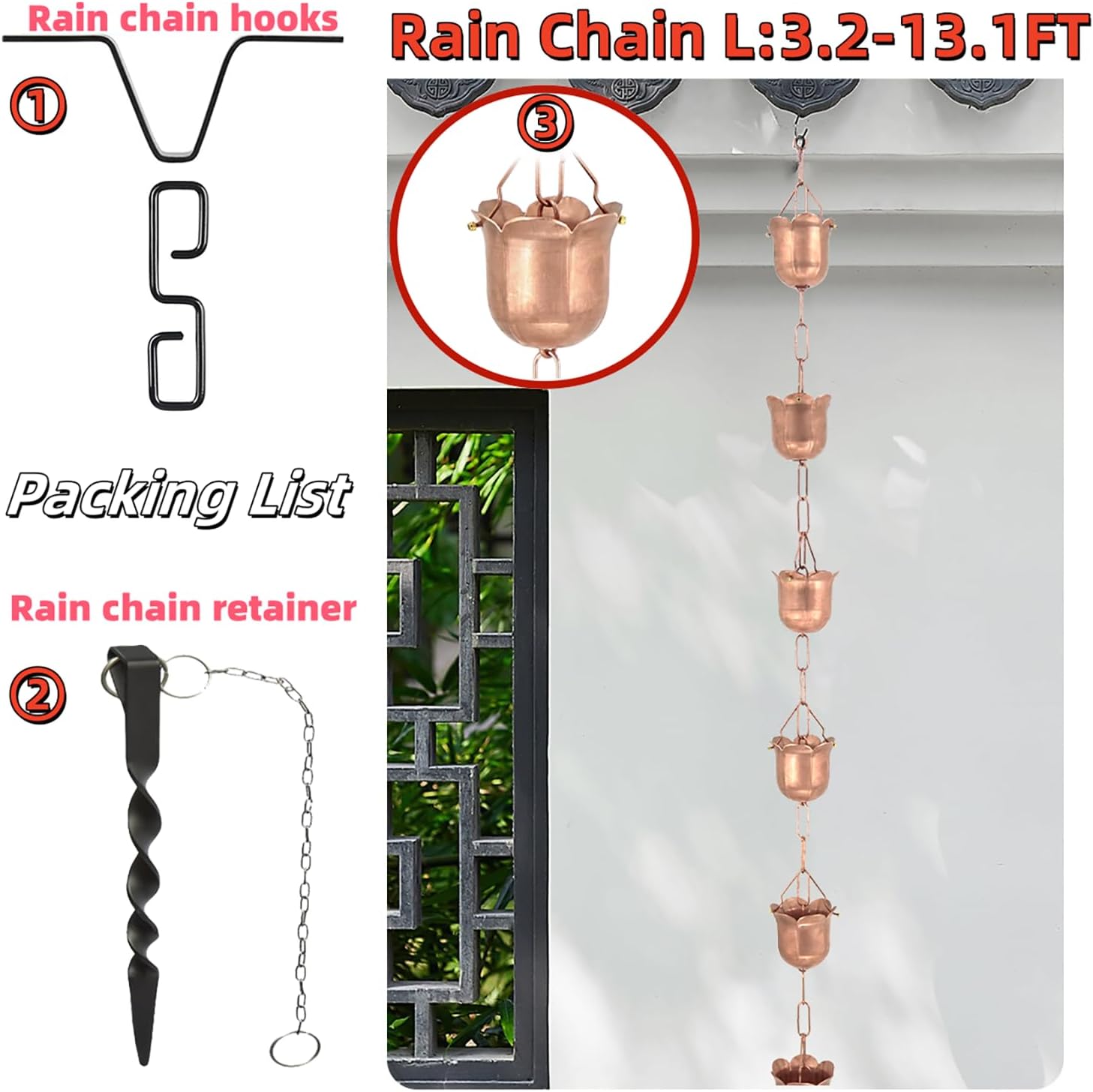 DFTDFYXYRain Chains for Gutters Rain Catcher Chain Outdoor Rain Chains Mill Finish Copper Gutter Adapter Rotating Rain Chains for Window Garden Decorations,Divert Water,Eaves Drainage,2.6m(8.5ft)