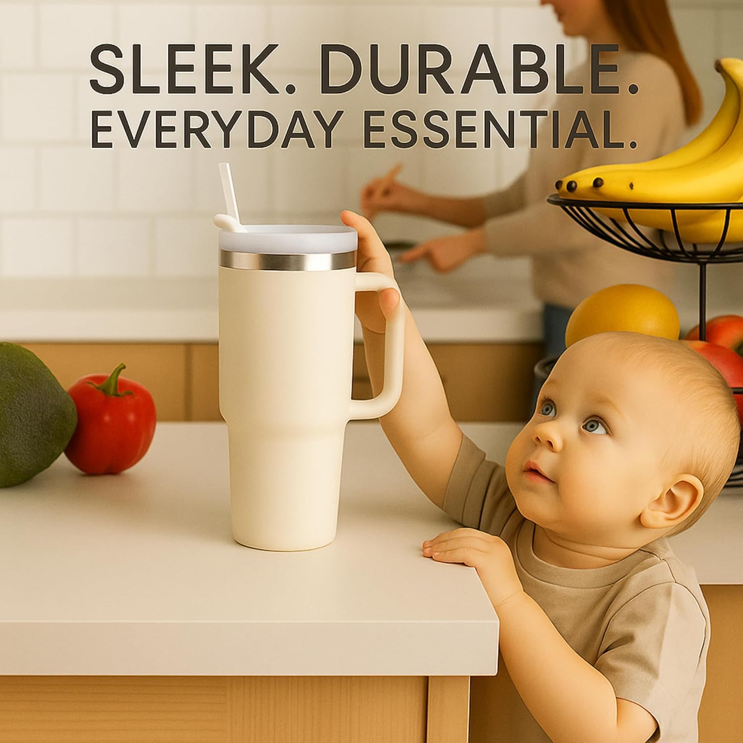 PRIMEWAVE 40oz Stainless Steel Tumbler with Straw – Leakproof Travel Mug with Handle | Double Wall Insulated, BPA-Free | Reusable Drinking Cup for Hot & Cold Drink (CREAM) - Image 9