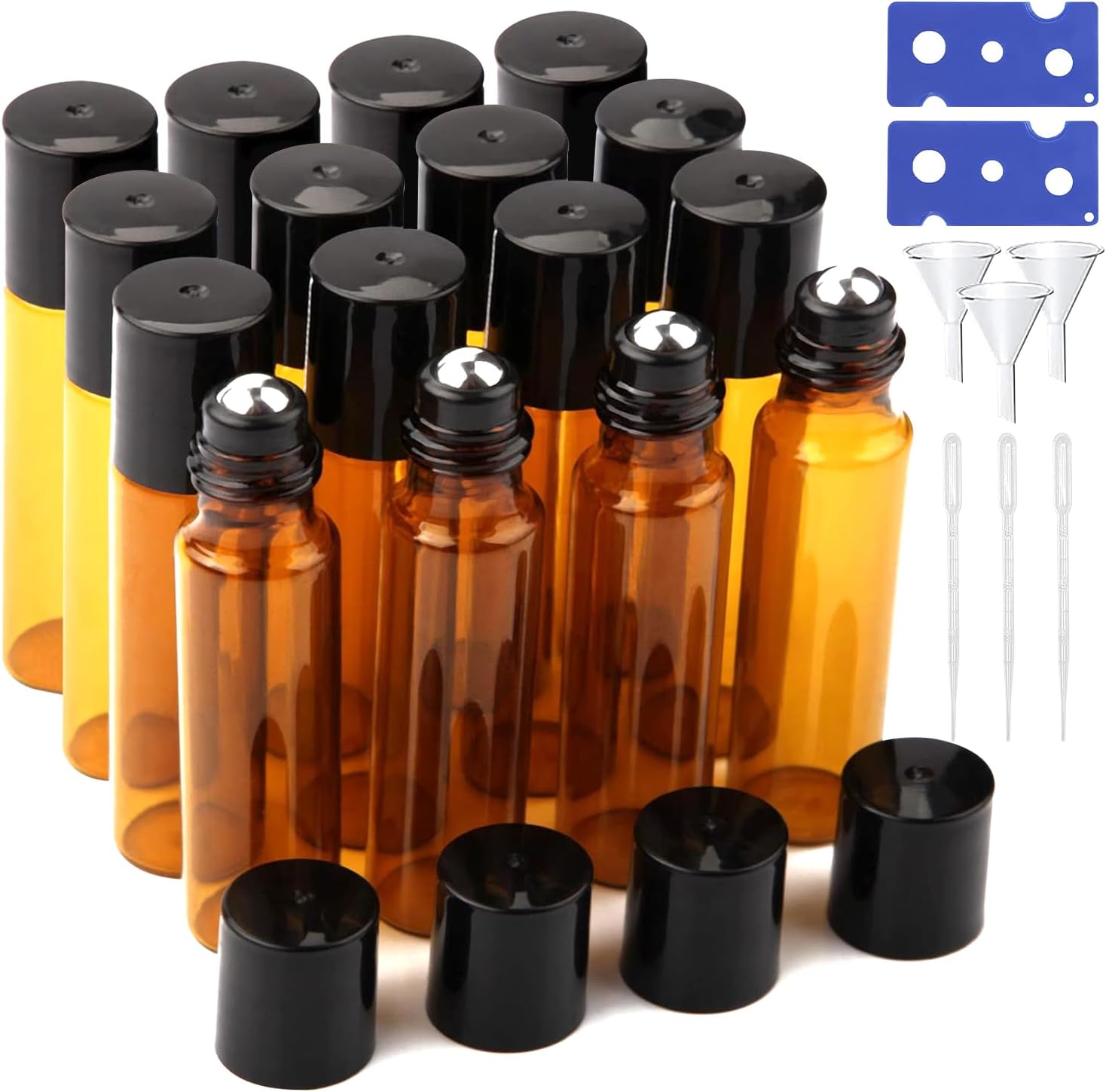 16 stuks 10 ml rollerbalflessen met roestvrijstalen rollerballs, draagbare glazen fles, parfumfles, voor parfummassage, het gebruik van wellness-oliën, de afgifte van cosmetica