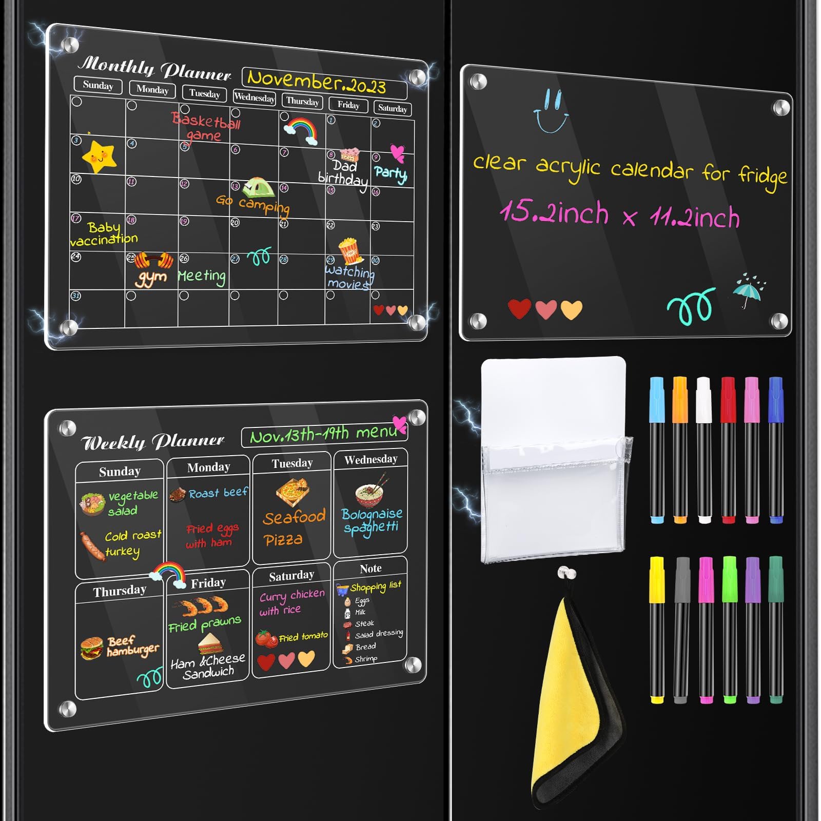 Magnetic Chalkboard Calendar Set For Fridge - Monthly Weekly Daily Planner With Markers & Pen Holder
