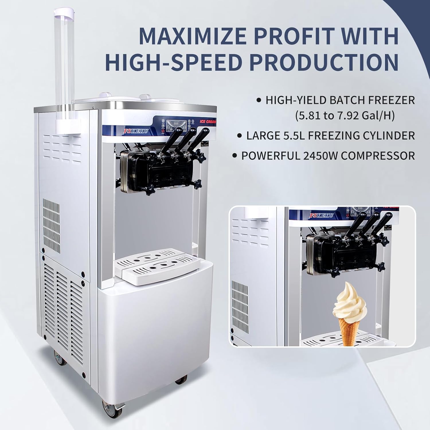 High-Efficiency Commercial Soft Serve Ice Cream Machine - 20-28L/H Capacity, Auto Clean,3 Flavors LED Display, Ideal for Restaurants and Snack Bars, 2200W