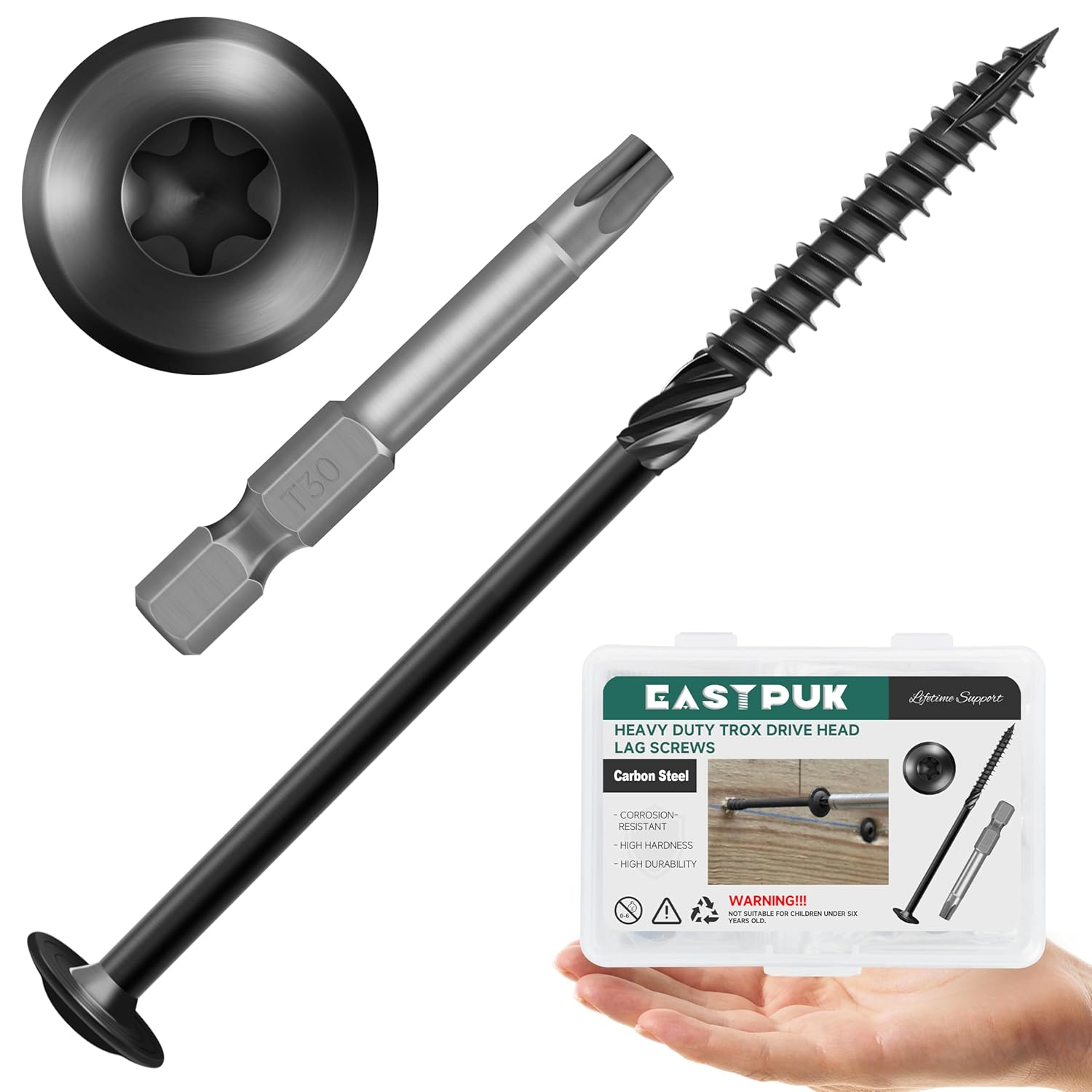 Lag Screws 6 Inch, #14 x 6 Wood Screws, 100-Pack Heavy Duty Self Drilling Structural Screw, Washer Head, Black Coated, T30 Star Drive (with Bit), for Exterior Wood and Timber Fastening