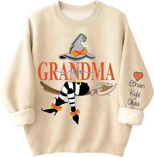 GODMERCH Custom Grandma Shirts for Halloween, Personalized Sweatshirt with Grandkids Names on Sleeve, Gifts for Grandmothers