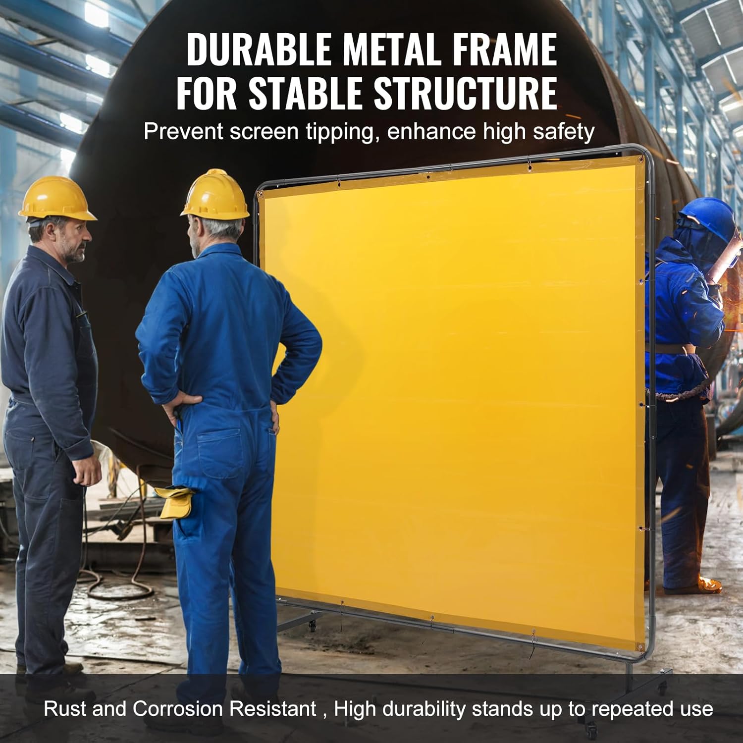 HappyBuy Welding Screen with Frame - 6' x 6', Flame-Resistant Vinyl, 4 Swivel Wheel (2 Lockable), for Workshop/Industrial, Yellow