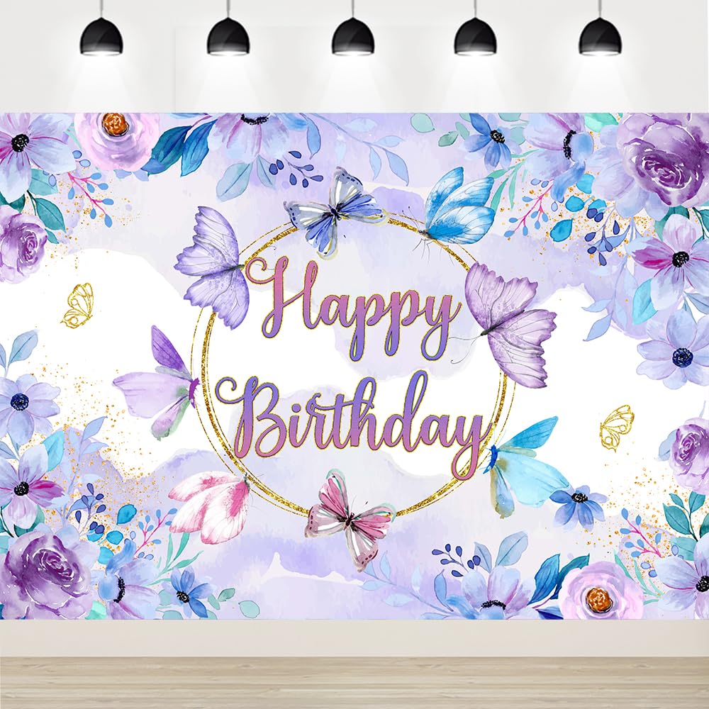 Retyshia Whimsical Purple Blue Butterfly Birthday Backdrop 8x6ft Fantasy Florals Happy Birthday Banner Backdrop for Women Girls Party,Ethereal Photo