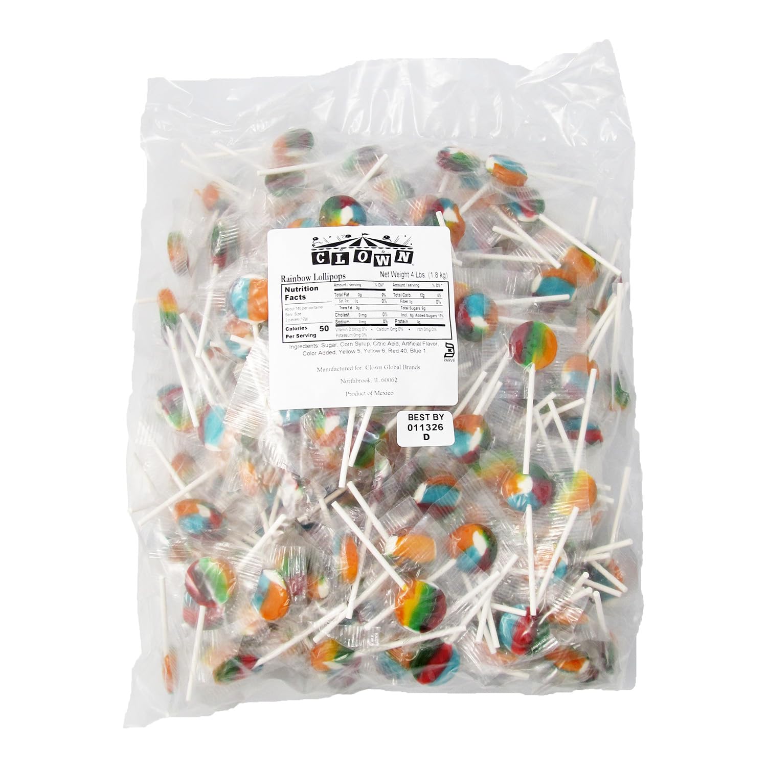 Clown Global Brands Rainbow Lollipops | 293 count bag | Gluten Free | Tutti Frutti Flavor | Great for Kids Parties