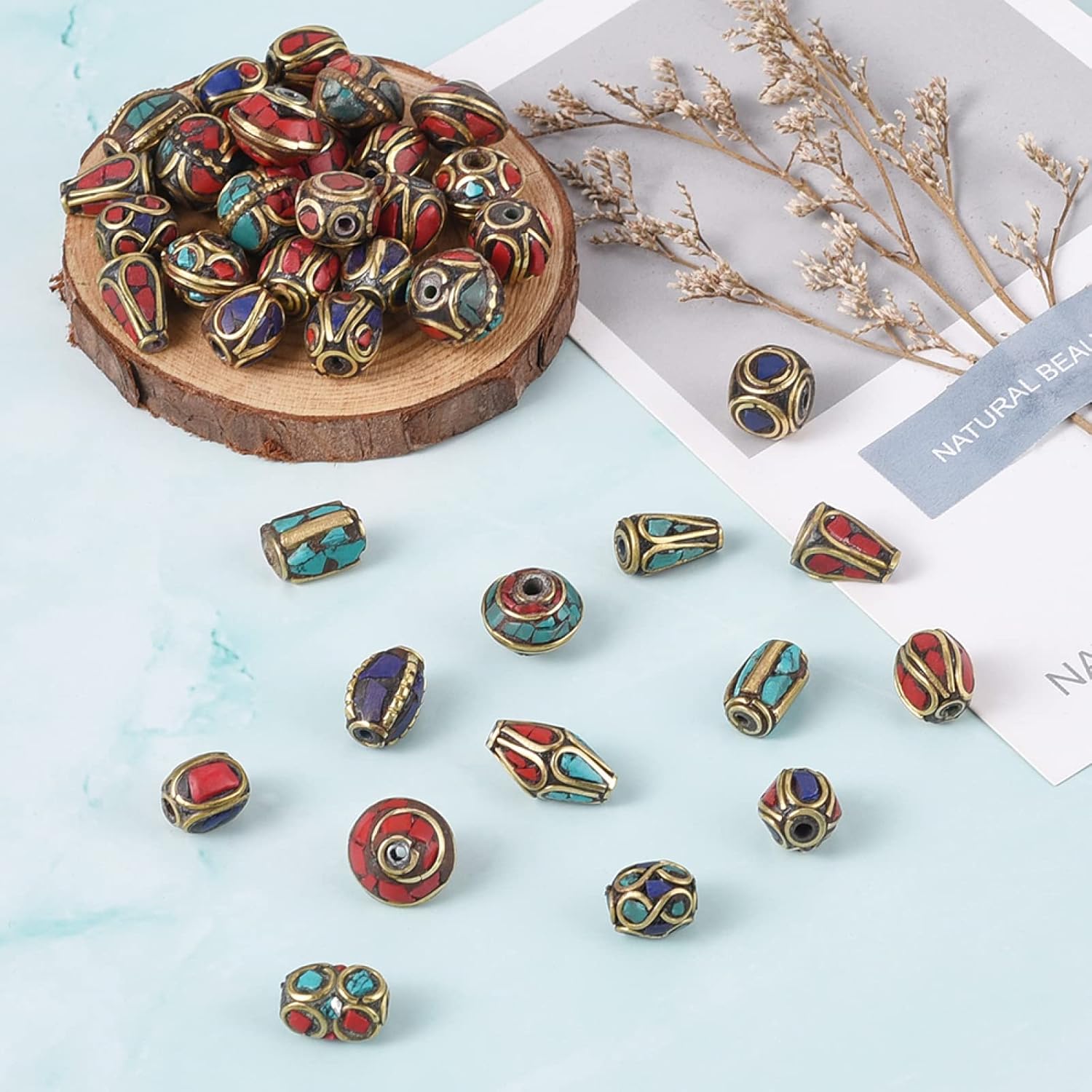 KISSITTY 50Pcs Handmade Tibetan Style Bead Spacer Beads Round Column Bead Handmade Buddha Loose Bead Mixed Shape for Earring Necklace Bracelet Jewelry Making - Image 6