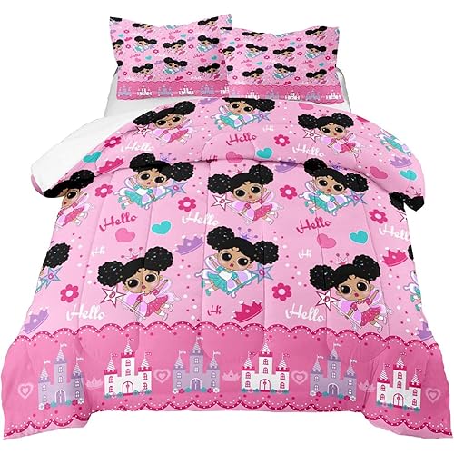 Black Girl Comforter Set, Pink Girls Queen Set 3 Piece Cute Pattern African American Decor Kids Teens Bedroom with 1 2 Pillowcases, (DGQ-YRBHR-03-QUEEN)