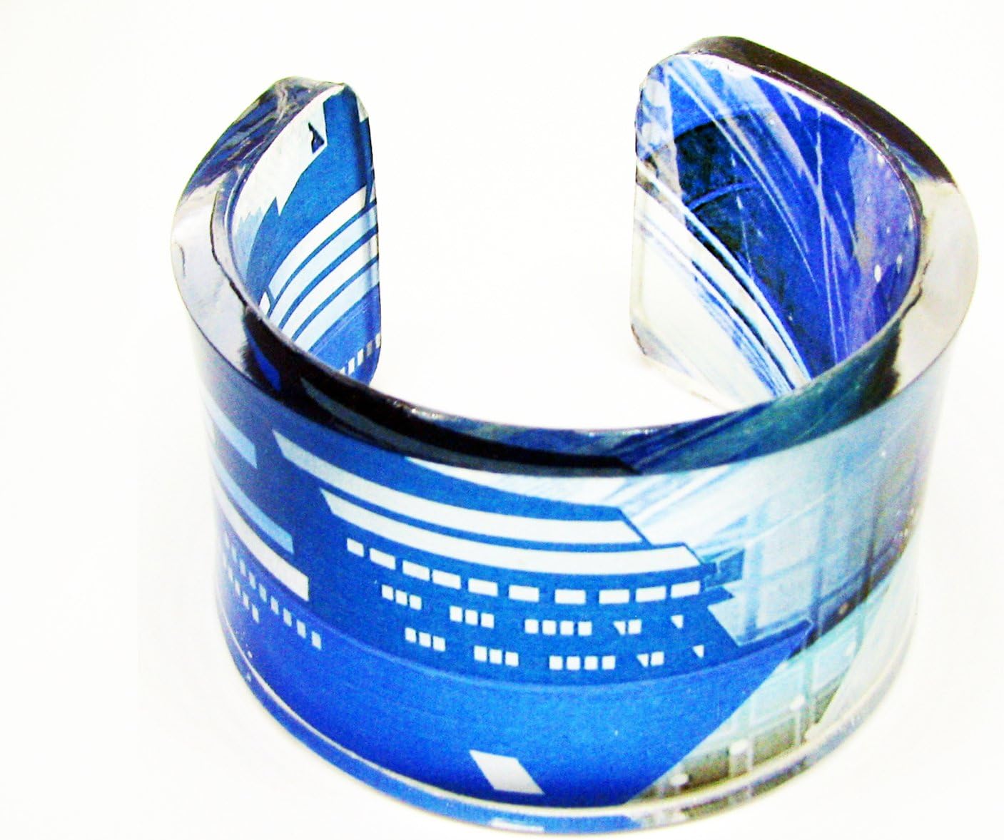 One big Handmade chunky lucite resin bracelet cuff with hand printed graphic named who got away from Titanic with lifeboat no.16