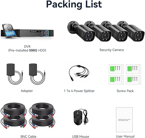 Miniatura 9 de Sistema de cámara de seguridad con cable para exteriores, 4 cámaras de vigilancia CCTV Bullet para seguridad del hogar, 4CH AHD TVI 5MP Lite DVR