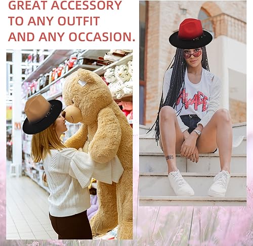 Miniatura 7 de Sombrero Fedora clásico de ala ancha para mujer, paquete de 4 sombreros retro Panamá de lana con hebilla de cinturón