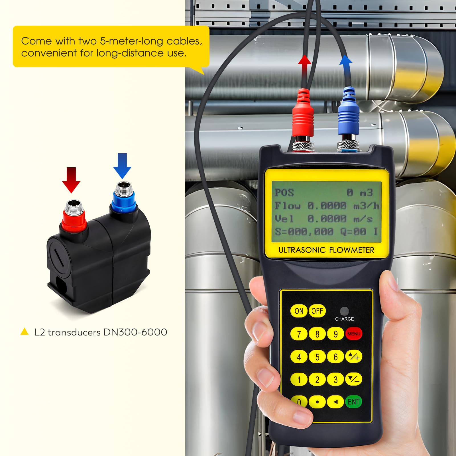 CGOLDENWALL TDS-100 Medidor de flujo ultrasónico de mano Medidor de flujo de agua Detector de velocidad Abrazadera de inspección de tuberías en el sensor (DN300-6000mm)