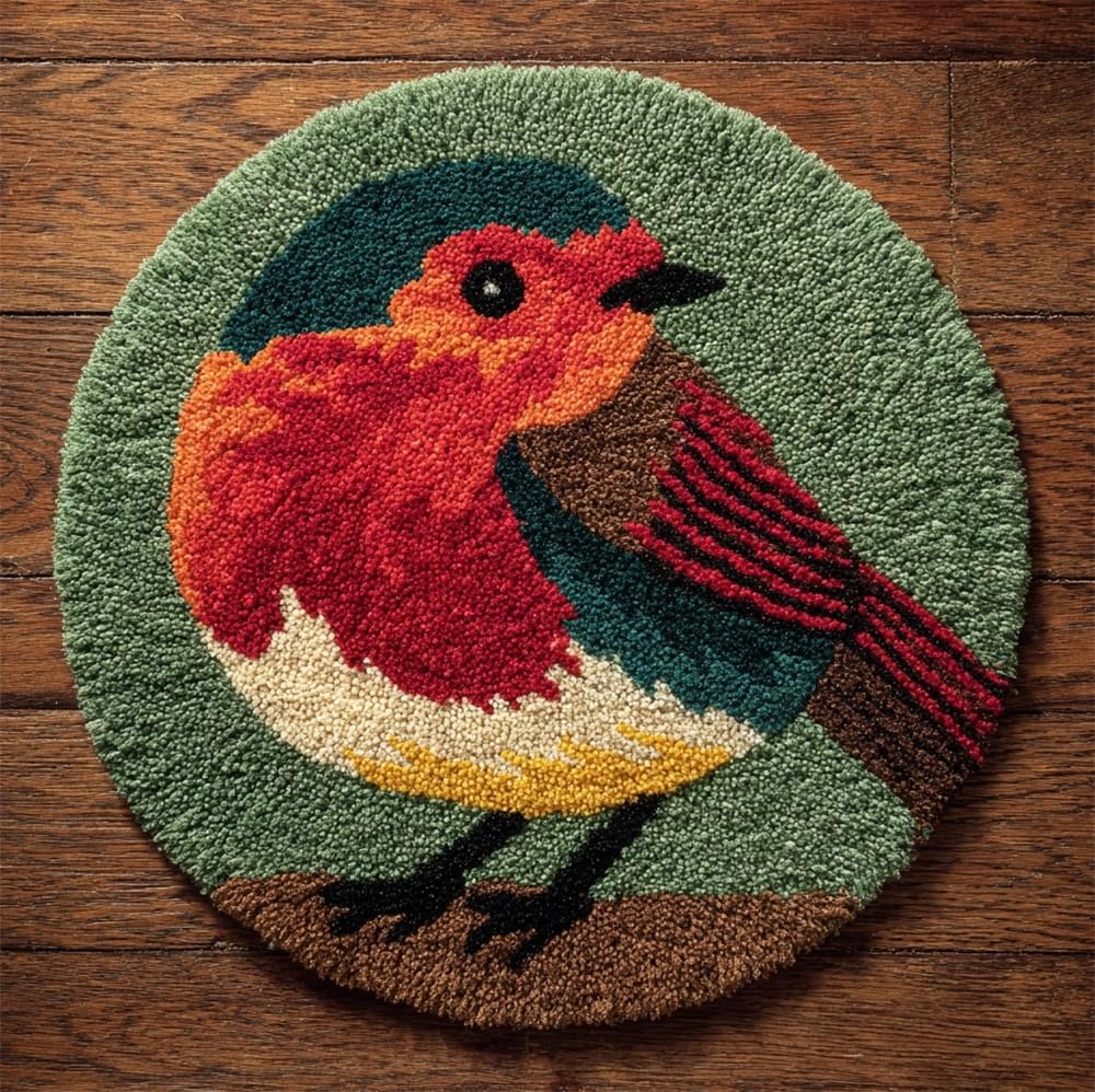 kitphoenix Round Shape Latch Hook Kits Robin Bird Pre-Printed Rug DIY Crochet Yarn Embroidery Needlework Hook and Latch Kit Carpet Cushion Cover Home Sofa Christmas Decoration 50X50Cm