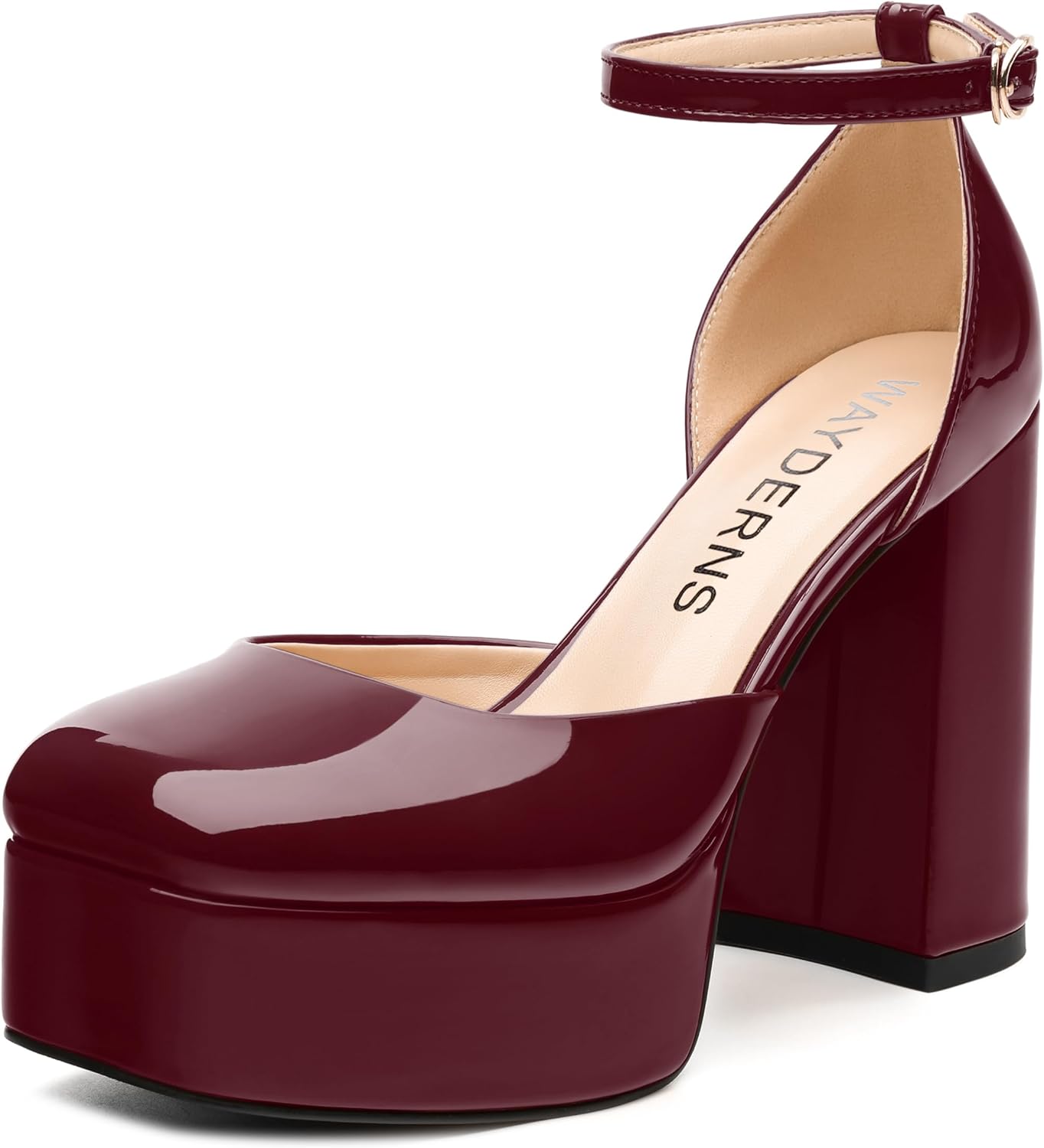 WAYDERNS Platform Heels for Women Block High Heel Closed Square Toe Ankle Strap 4.3 Inch Pumps Fashion Party Dress Shoes