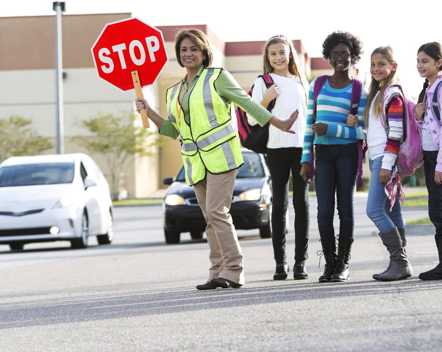 Stop Sign with Handle, 2 Pack Crossing Guard Stop Sign and 2 Pack Reflective Safety Vest, 13" Aluminum Double-Sided Stop Slow Signs with Handle High Visibility Security Vest, Hand Held Traffic Signs