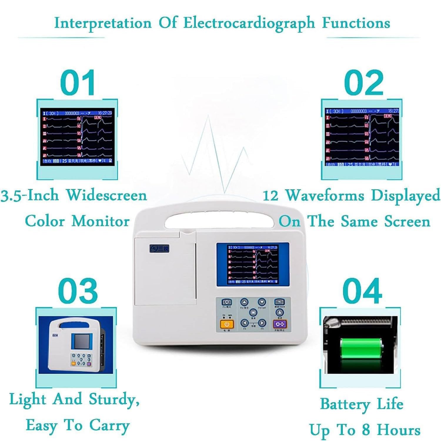 Monitor ECG Portatile, Touch Screen Digitale 12 canali 12 derivazioni ECG EKG Elettrocardiografo Software PC ECG