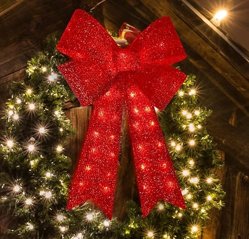 Lazo rojo con purpurina de Navidad, lazos grandes iluminados, decoración de corona de árbol de Navidad, lazo decorativo para decoración de fiestas