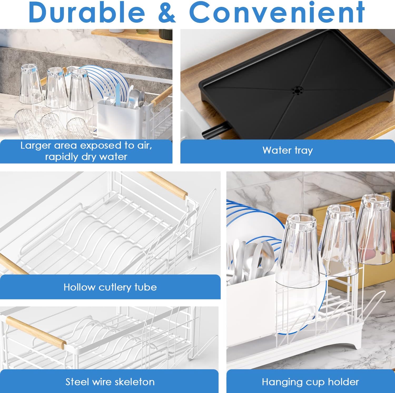 G-TING Dish Drying Rack, Dish Rack for Kitchen Counter, Rust-Proof Dish Drainer with Drying Board and Utensil Holder for Kitchen Counter Cabinet, 16.6” L× 12.6”W× 7.8”H, White