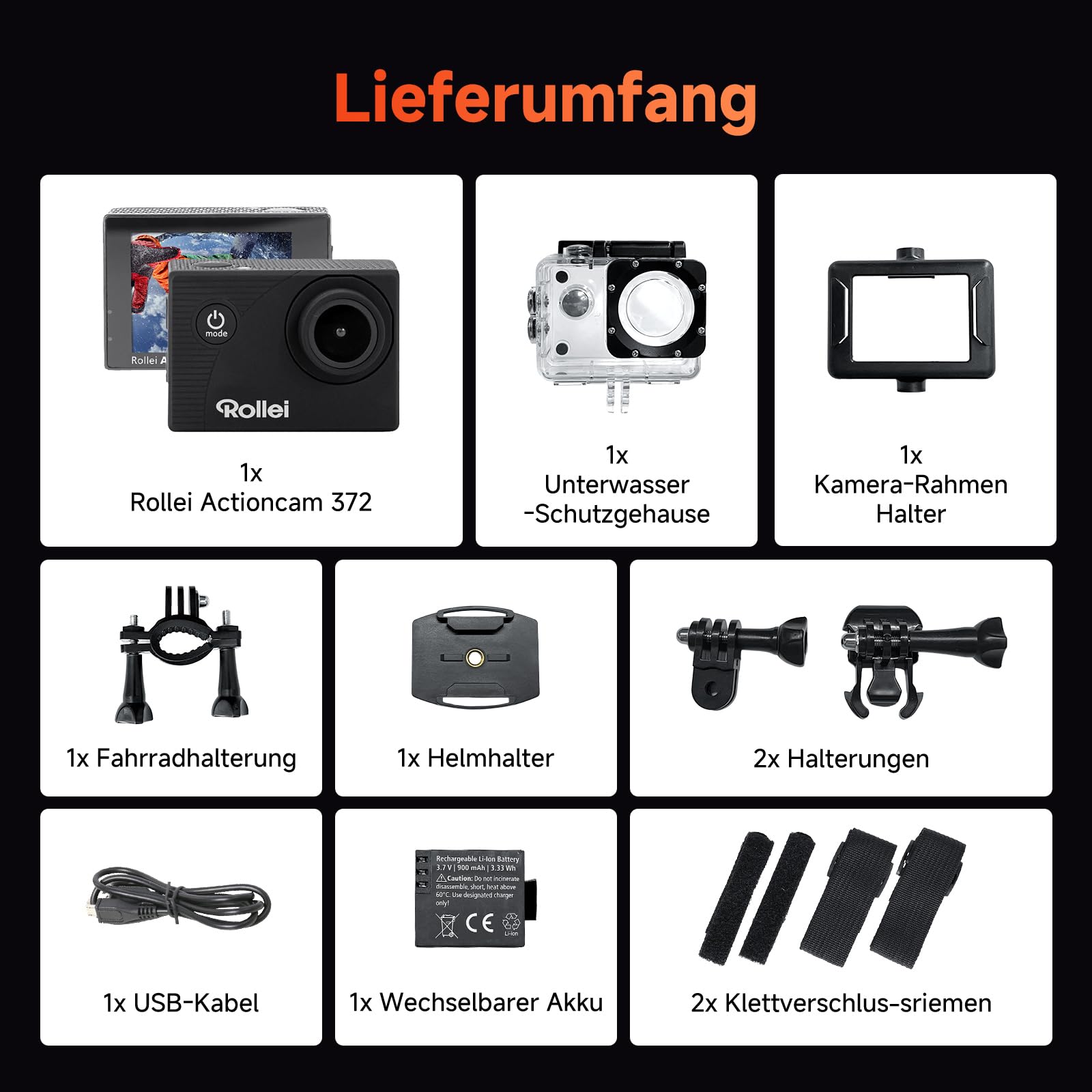 Rollei Actioncam 372 - Action-Camcorder mit Full HD Video Auflösung 1080/30 fps, bis 30 m wasserfest - Schwarz