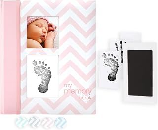 Pearhead Pink Chevron Baby Memory Book: First 5 Years Milestone Journal with Mess-Free Handprint Footprint Ink Pad