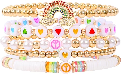 Pink Bracelets Purple Bracelet Boho Multi-Layer Beaded Stacking, Versatile Strand Stretch Crystal Beads Wrap Slip-on Cuff Bangle Set, Cute