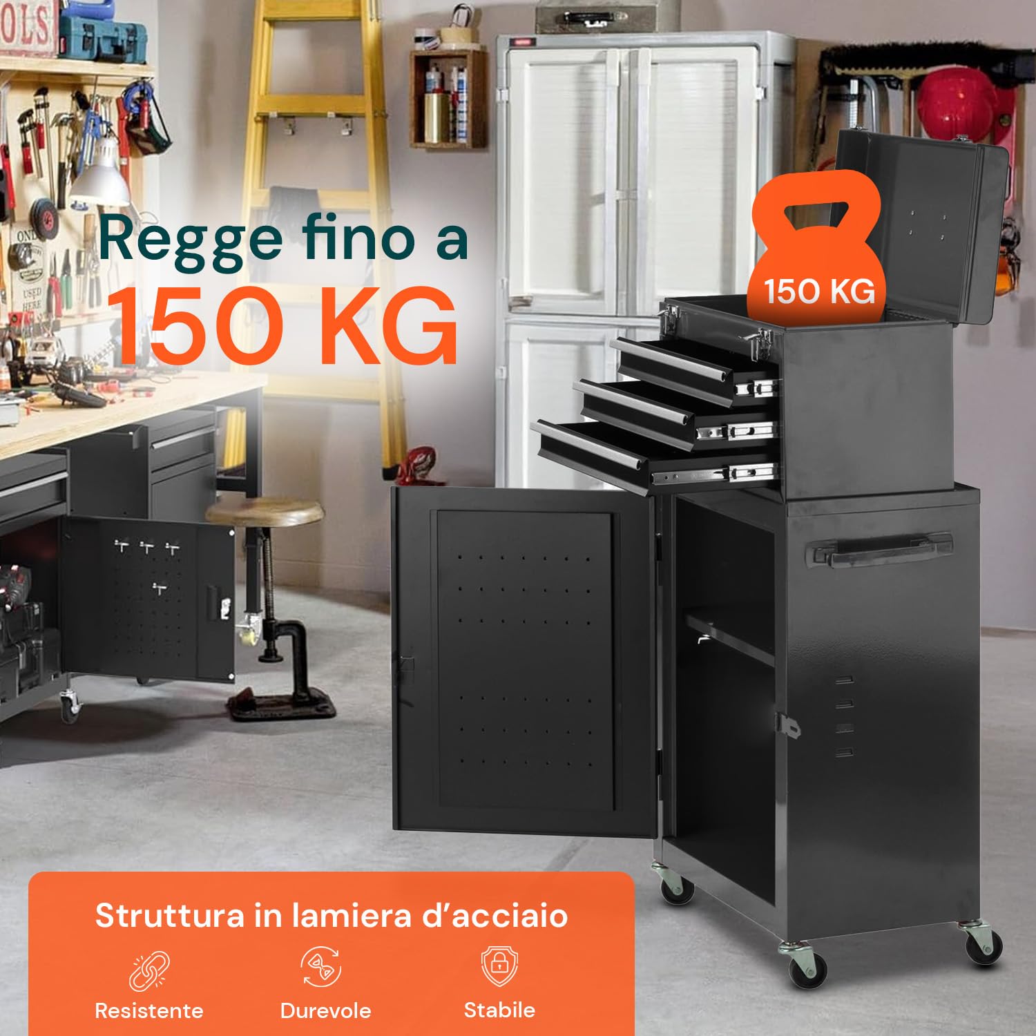 CT01 Carrello Portautensili da Officina con Serratura - 3 Cassetti e 3 Vani, Capacità 150 kg,Ideale per Meccanica e Professionisti - Carrello Porta Attrezzi Vuoto, Nero