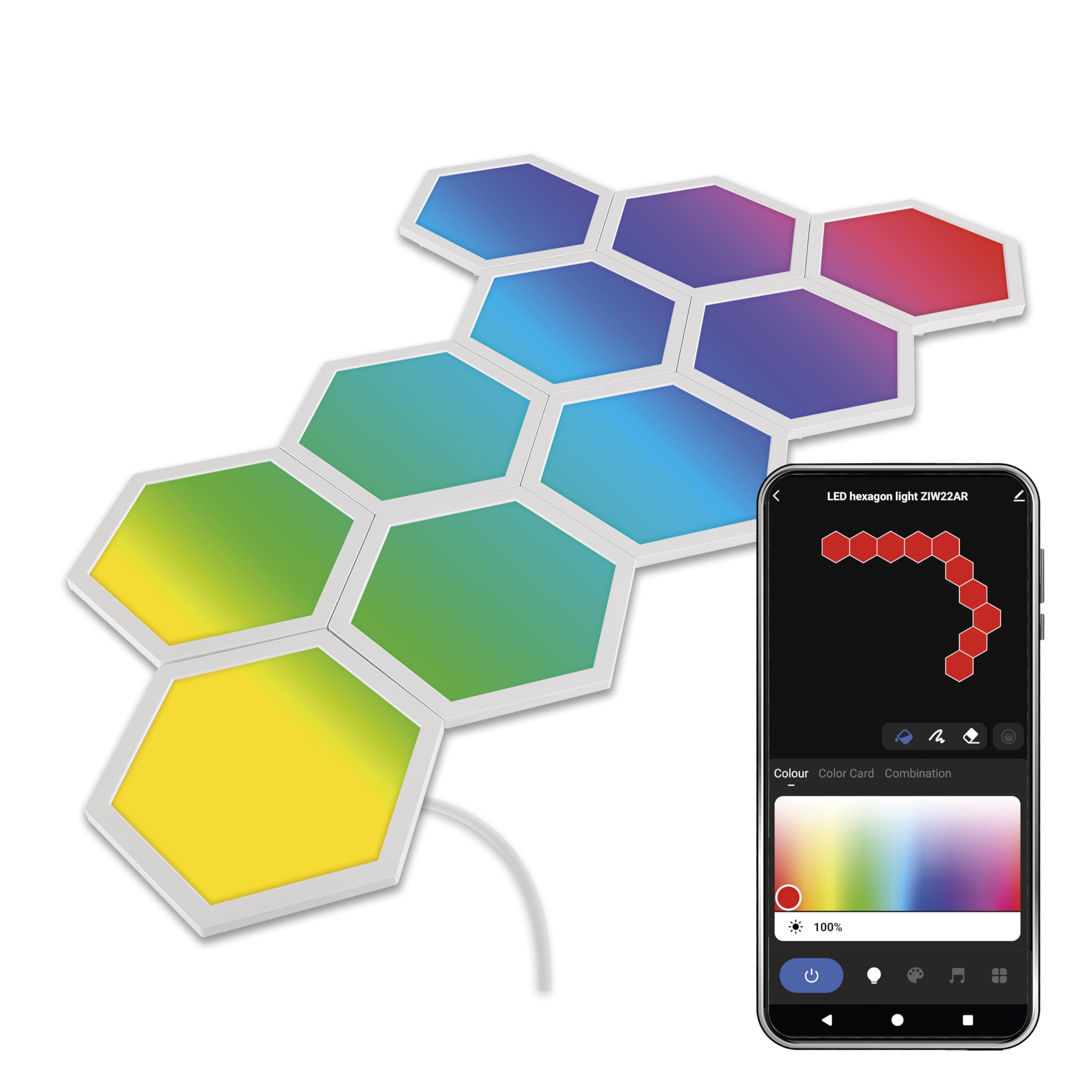 EMOS - Smart Hexagon Wandleuchte, Startset 10 Stk Sechseck-Elemente - WiFi Modular-Beleuchtung mit RGBIC-Farbspektrum, dimmbar - HandyApp, Sprachassistenten - 1,5m Kabel und Netzteil - weiß