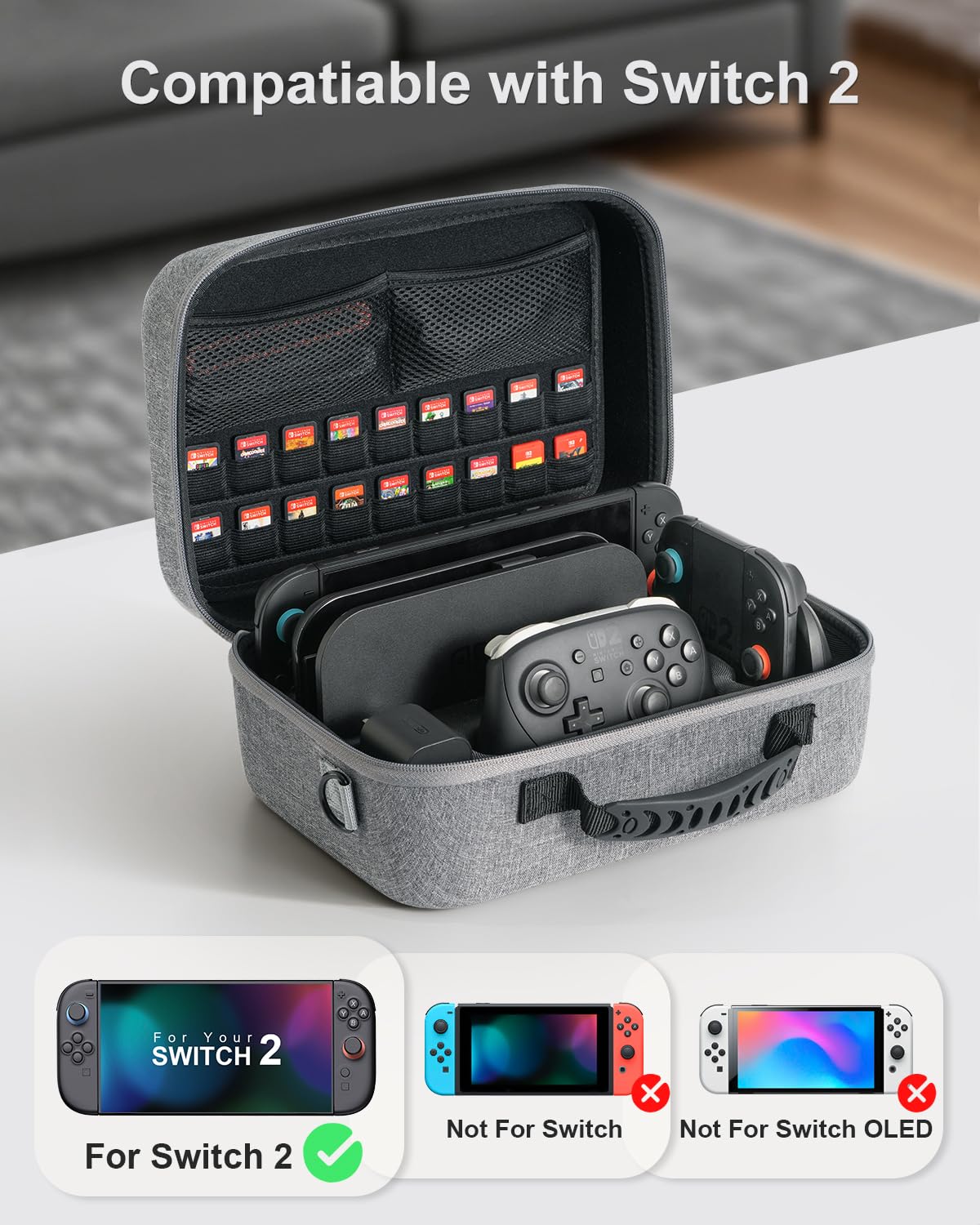 [Upgraded Compact]Carrying Case for Nintendo Switch 2 All in One Case with Dock, Hard Shell Portable Travel Carry Bag for Switch 2, Pro Controller, 18 Game Cards and Other Accessories (Grey) - Image 7