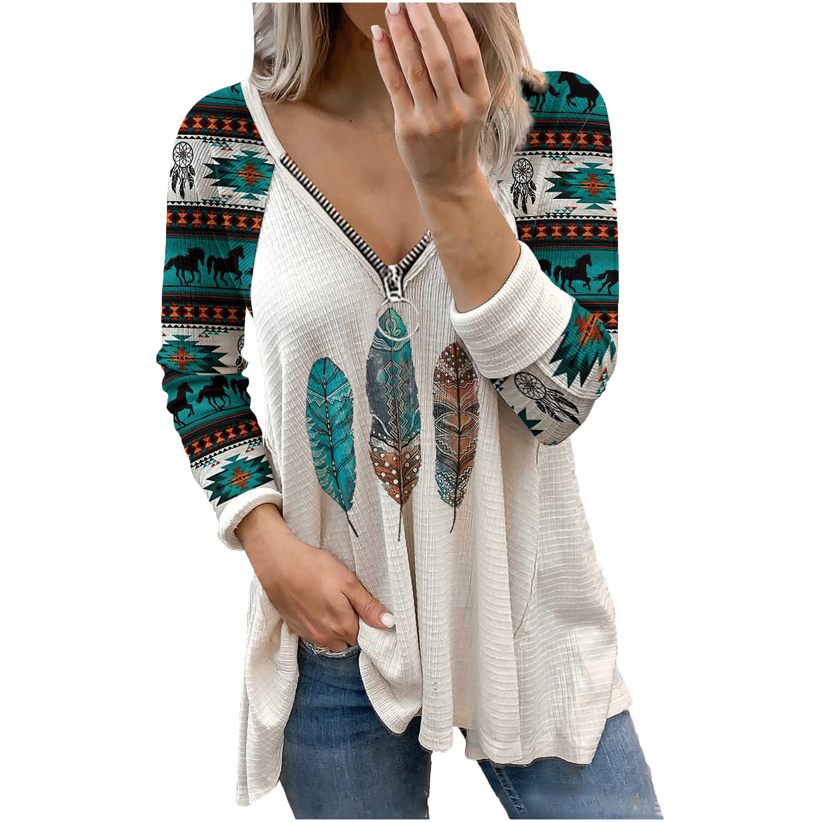 AMhomelyLong Sleeve T Shirt Womens Retro Western Aztec Print Long Sleeve Ethnic V-Neck Zipper T-Shirts Tops Ladies Casual Pullover Loose Sweatshirts Sale Clearance