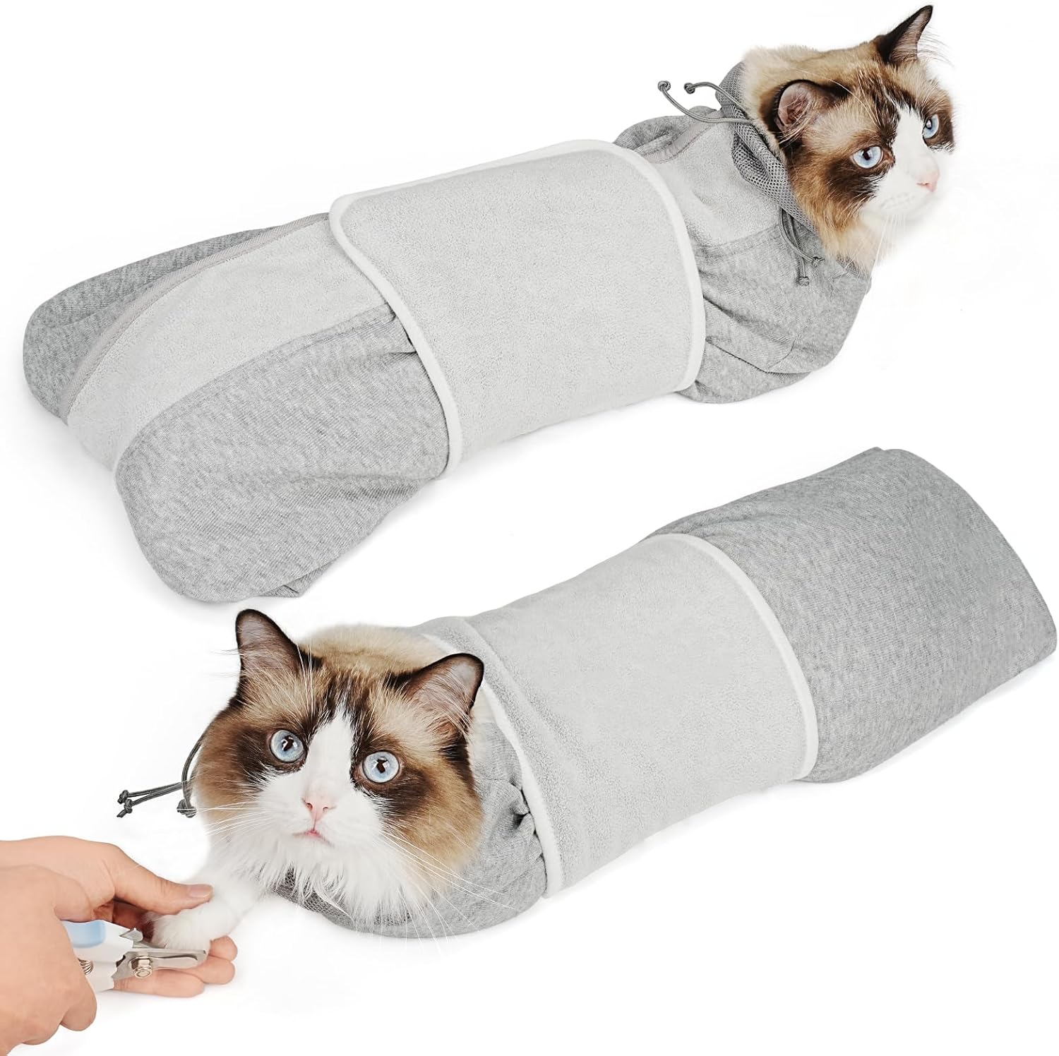 Supet Cat Grooming Wrap for Cutting Nails, Self-Adhesive Anti-Scratch Swaddle with Bite-Proof Mesh Hood & Thick Waist Strap Anti-Escape Bag for Nail Trimming, Medication, Ear Cleaning (Grey S)