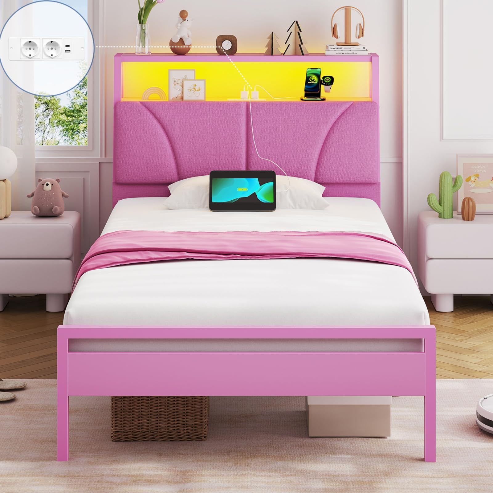 Brinlawb Mädchen Bett 90x200 cm mit LED Beleuchtung und Ladestation (2 AC-Steckdosen, 1 USB-A, 1 USB-C) Bettgestell Jugendbett mit gepolstertem Kopfteil und 2 offenen Regalen, Kinderbett 90x200 Rosa