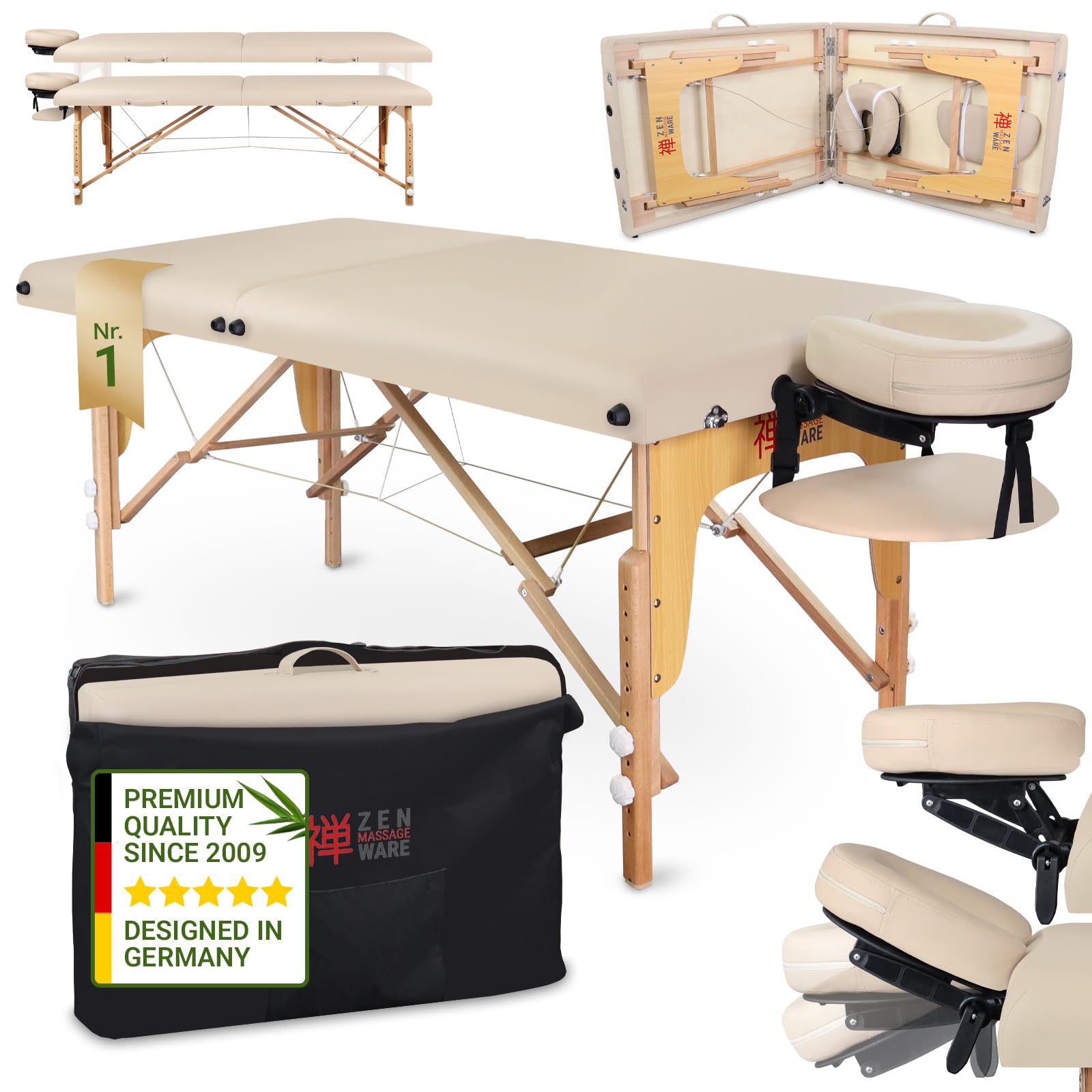 Zen Table de Massage Pliante professionelle - lit esthetique Table Tatouage, Extension de Cils en Bois et Hauteur réglable, Portable avec Appui-tête réglable, accoudoirs, Sac de Transport (Crème)