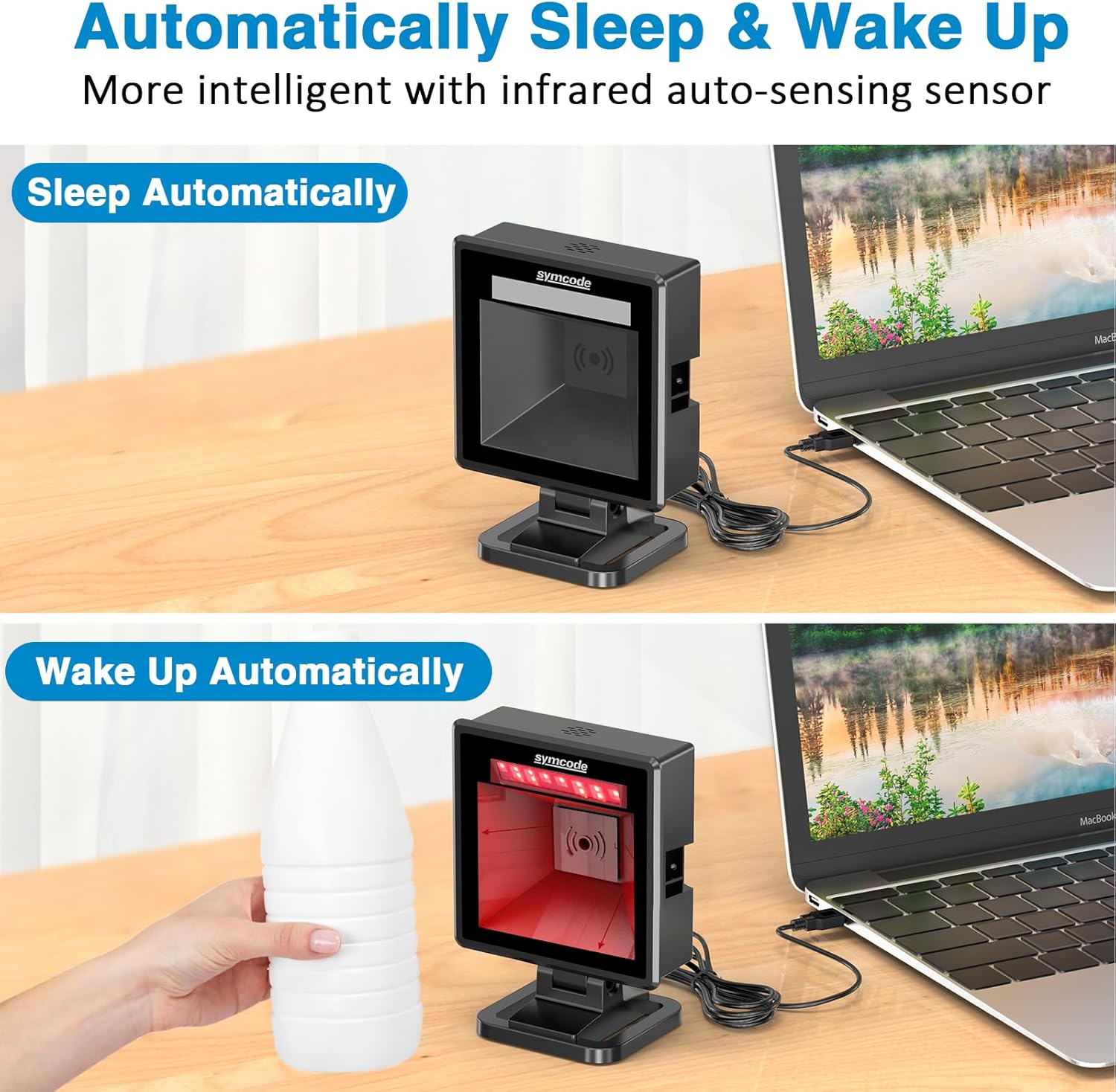 Symcode Automatic Omnidirectional Desktop 2D Barcode Scanner, Hands-Free USB Wired QR Barcode Reader, Bar Code Image Sensing for Warehouse, Supermarket, Retail Store, Bookstore