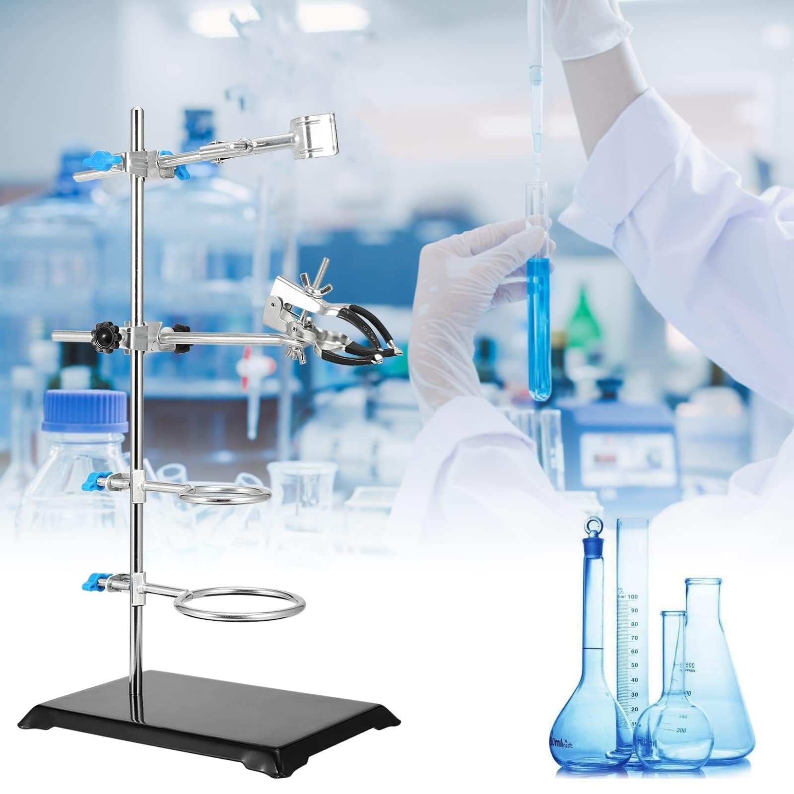 40 cm Laborstativ-Set mit 2 Retortenringen und Klemmen - Langlebige Edelstahl Laborunterstützung