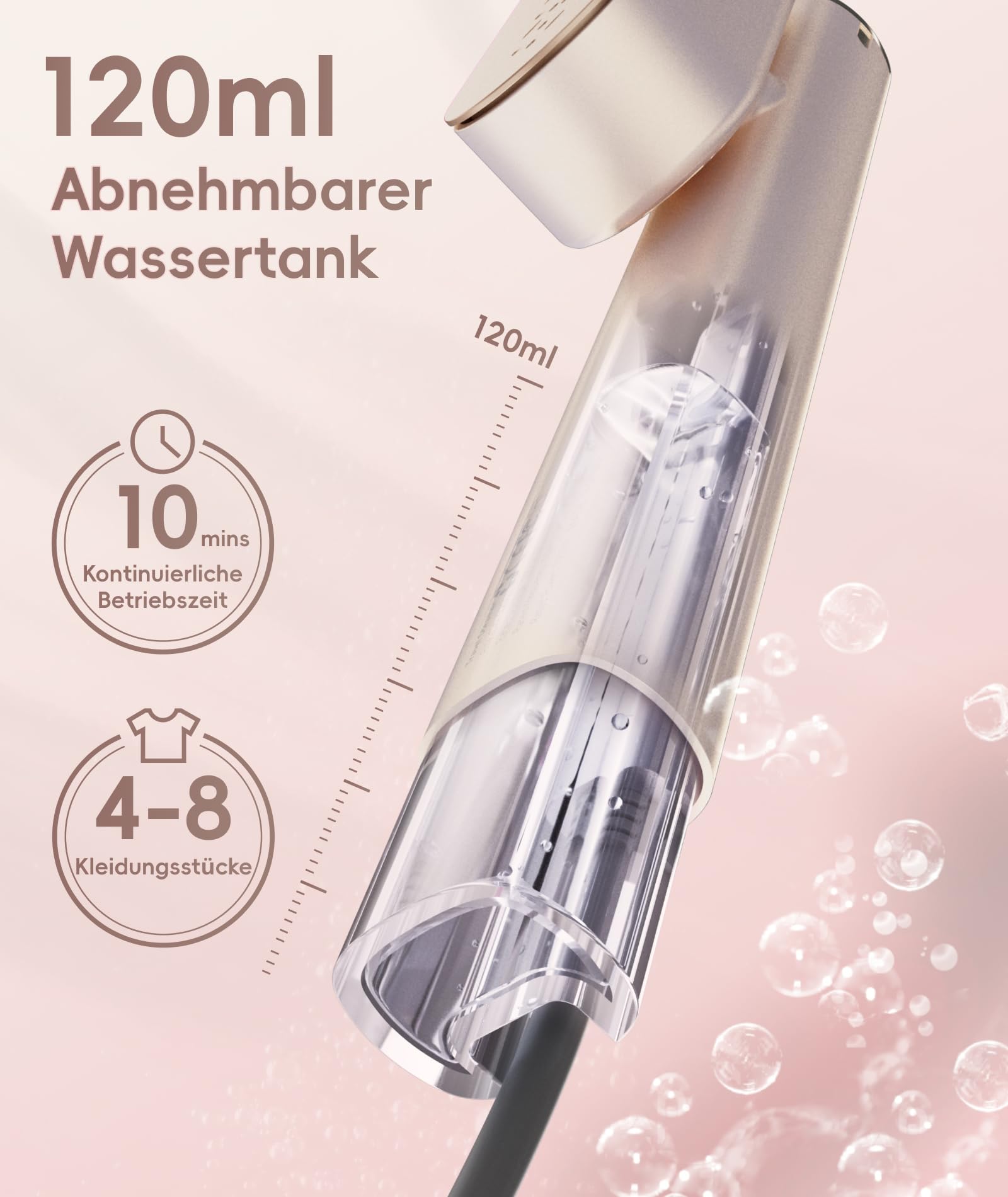 Dampfglätter für Kleidung, Handheld 100-240V Dual Voltage Travel Dampfglätter, 1000W und 120ML Wassertank Tragbarer Dampf & Bügeleisen 2 in 1 für Geschäftsreisen Zuhause, Roségold