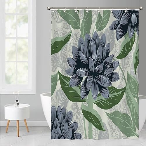 Miniatura 552 de Cortinas de ducha de baño con ganchos, 72 x 92 pulgadas, cortina de ducha de tela impermeable con diseño de flores y pájaros, cortina de ducha
