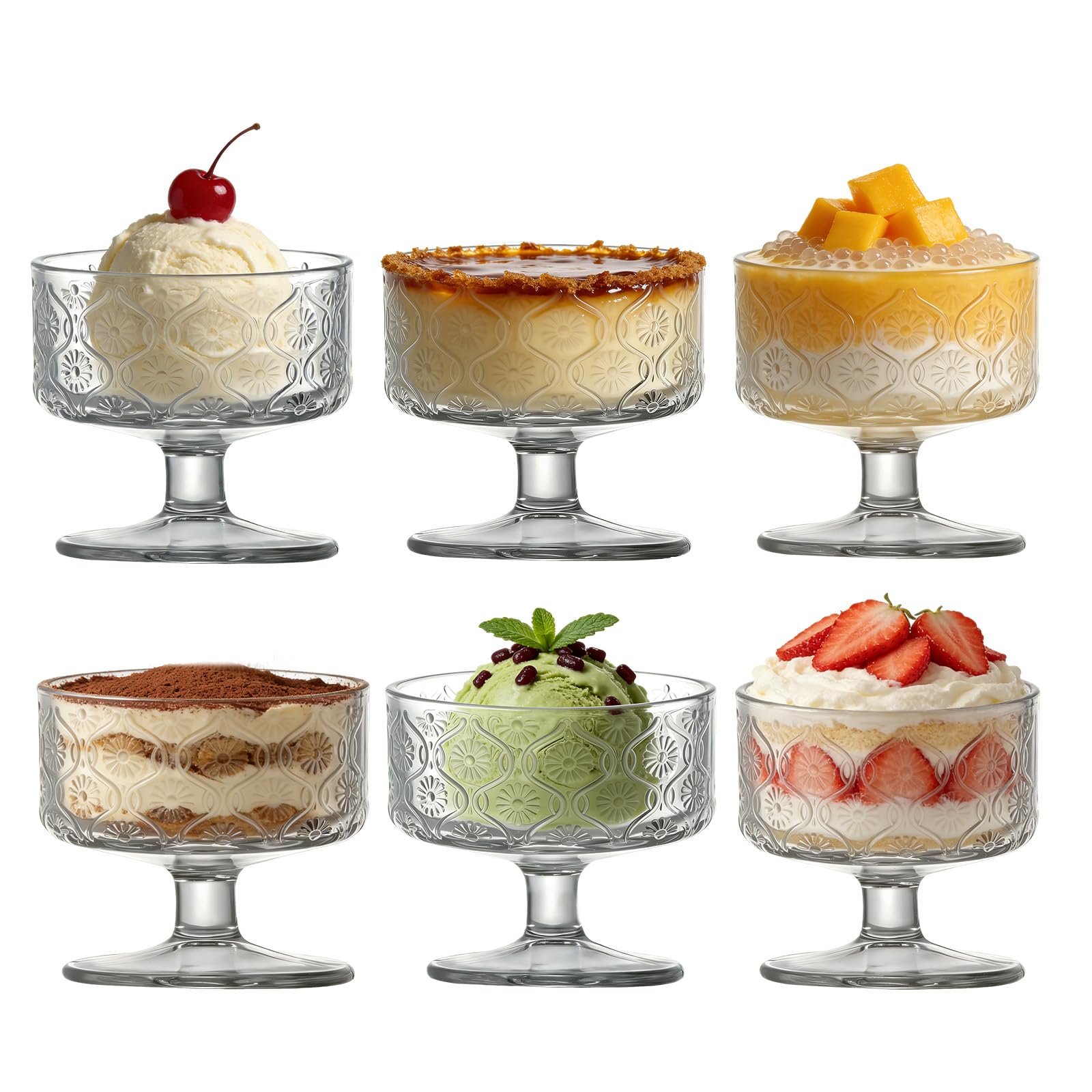 MYKAGS Set of 6 Glass Dessert Bowls, 180ML, Dessert, ice Cream, and Pudding Cups, Durable, Lead-Free, Suitable for Family Life and Party Ceremonies