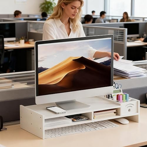 Miniatura 4 de Soporte de computadora - Soporte elevado para monitor de escritorio con compartimentos de almacenamiento, organiza para laptop, escritorio, TV,