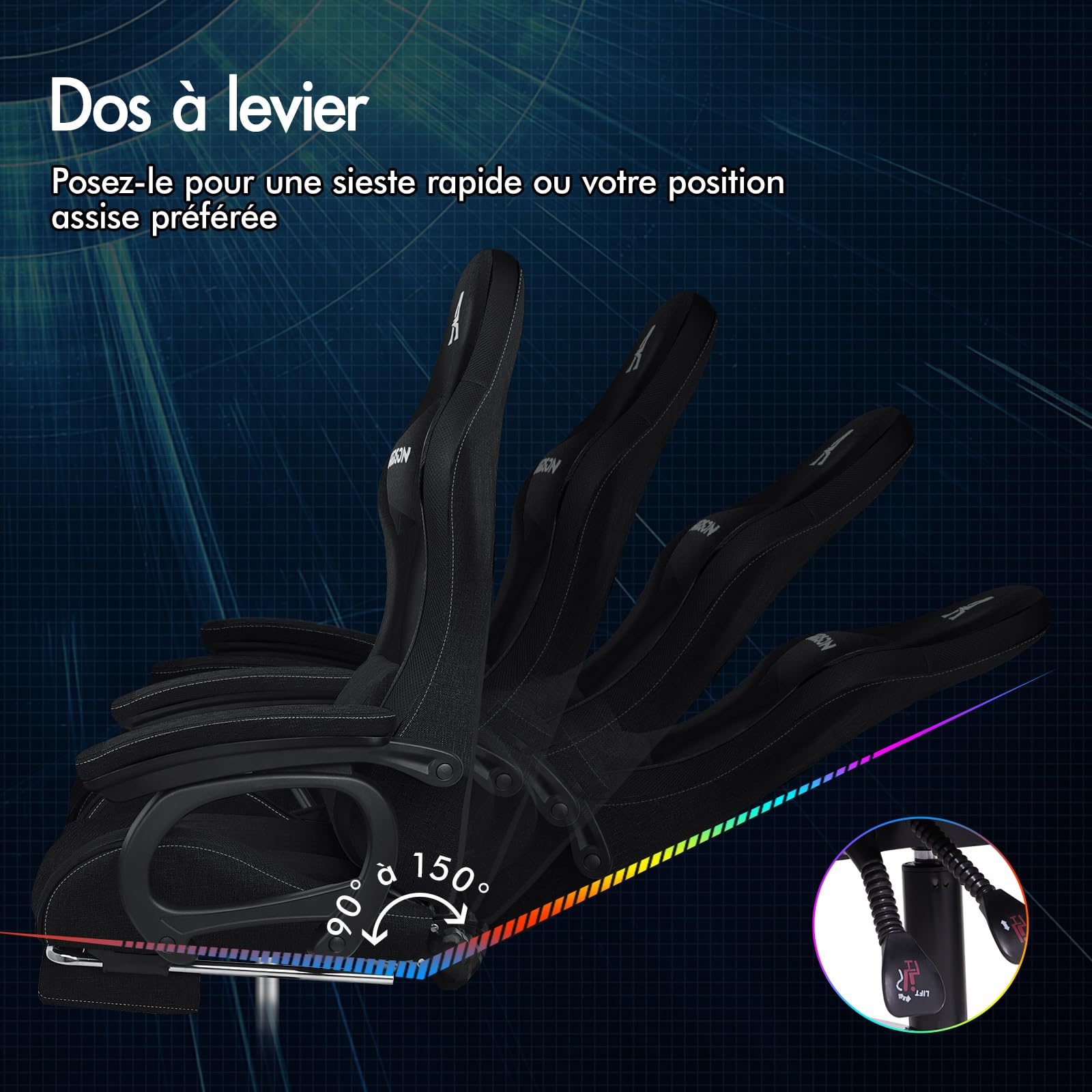 ALFORDSON Chaise de Gaming, Chaise de Joueur de Course avec Éclairage LED RVB, Fauteuil d'ordinateur Massant avec Repose-Pieds, Chaise Pivotante Ergonomique avec Dossier à Levier, Tissu, Noir