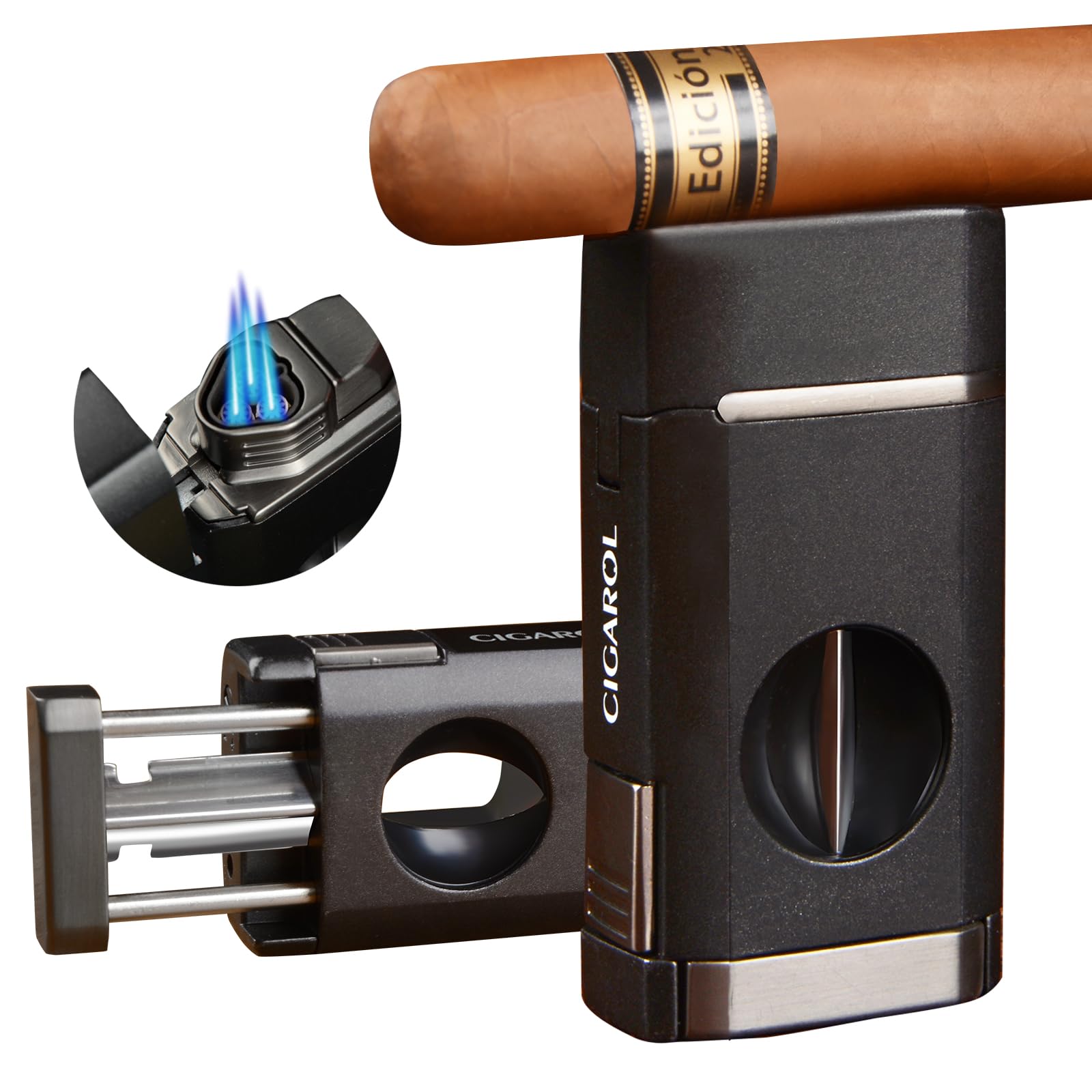 CIGAROL Briquet, 2 En 1 Briquet Tempête Ave Coupe-Cigare En V, Double Flamme Briquets Cigare Ave Boîte Cadeau - Sans Gaz Butane, Cadeaux Pour Hommes