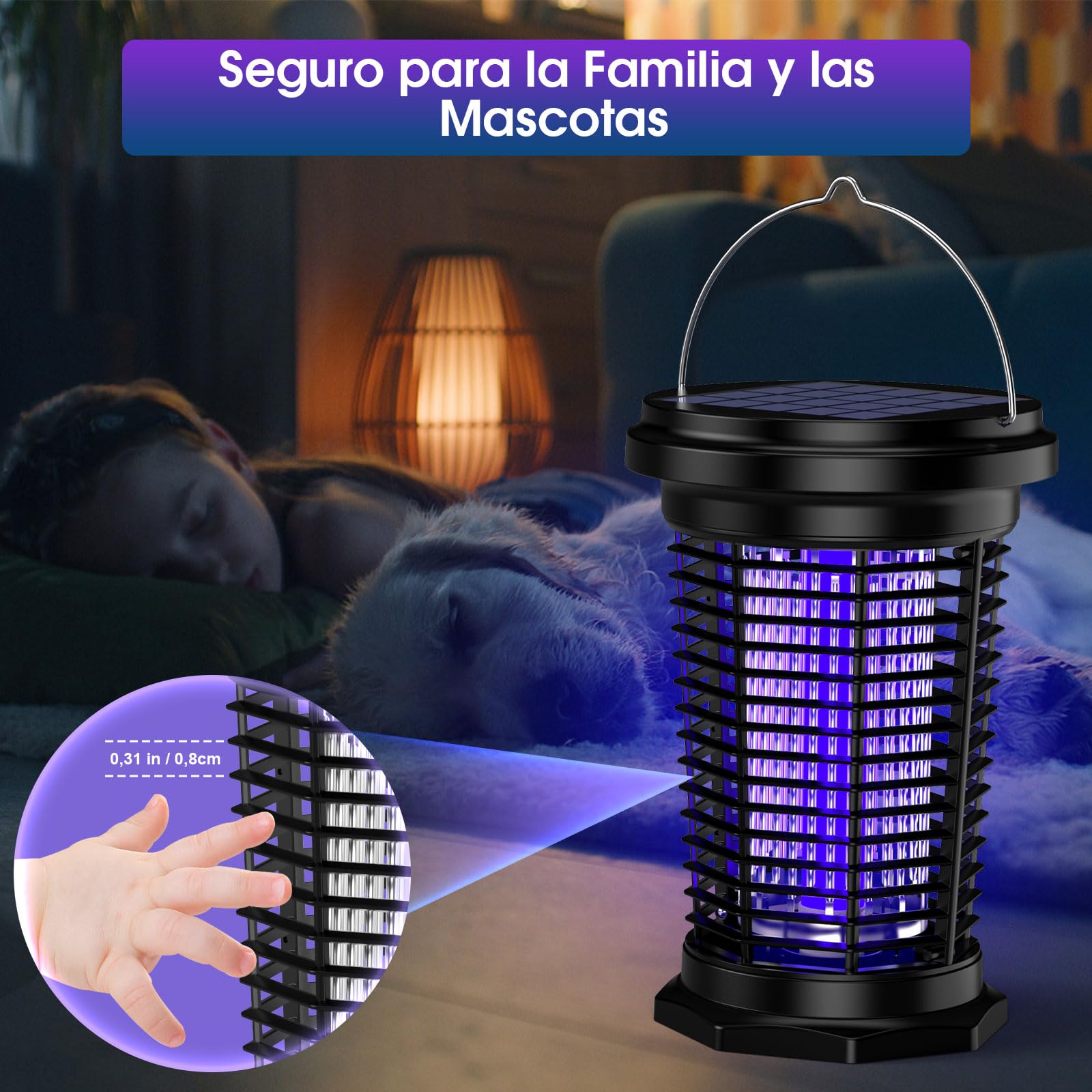PALONE Lampara Antimosquitos Solar 2500mah/4500v, Antimosquitos Electrico Recargable por USB y Cable De 1 M, con Barra de Soporte Solar de 5,5 W/5 V Y Cable de Carga C para Interior y Exterior