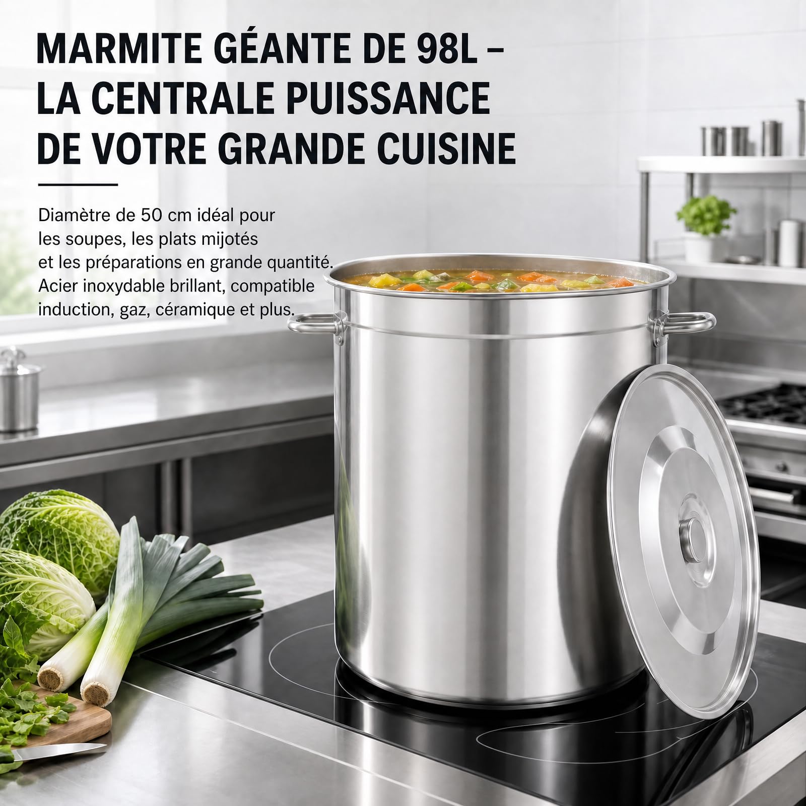 Grande casserole en acier inoxydable 98 L, avec poignées et couvercle d'évier, diamètre 51,5 cm, hauteur 50 cm, pour tous les types de cuisines et grandes cuisines