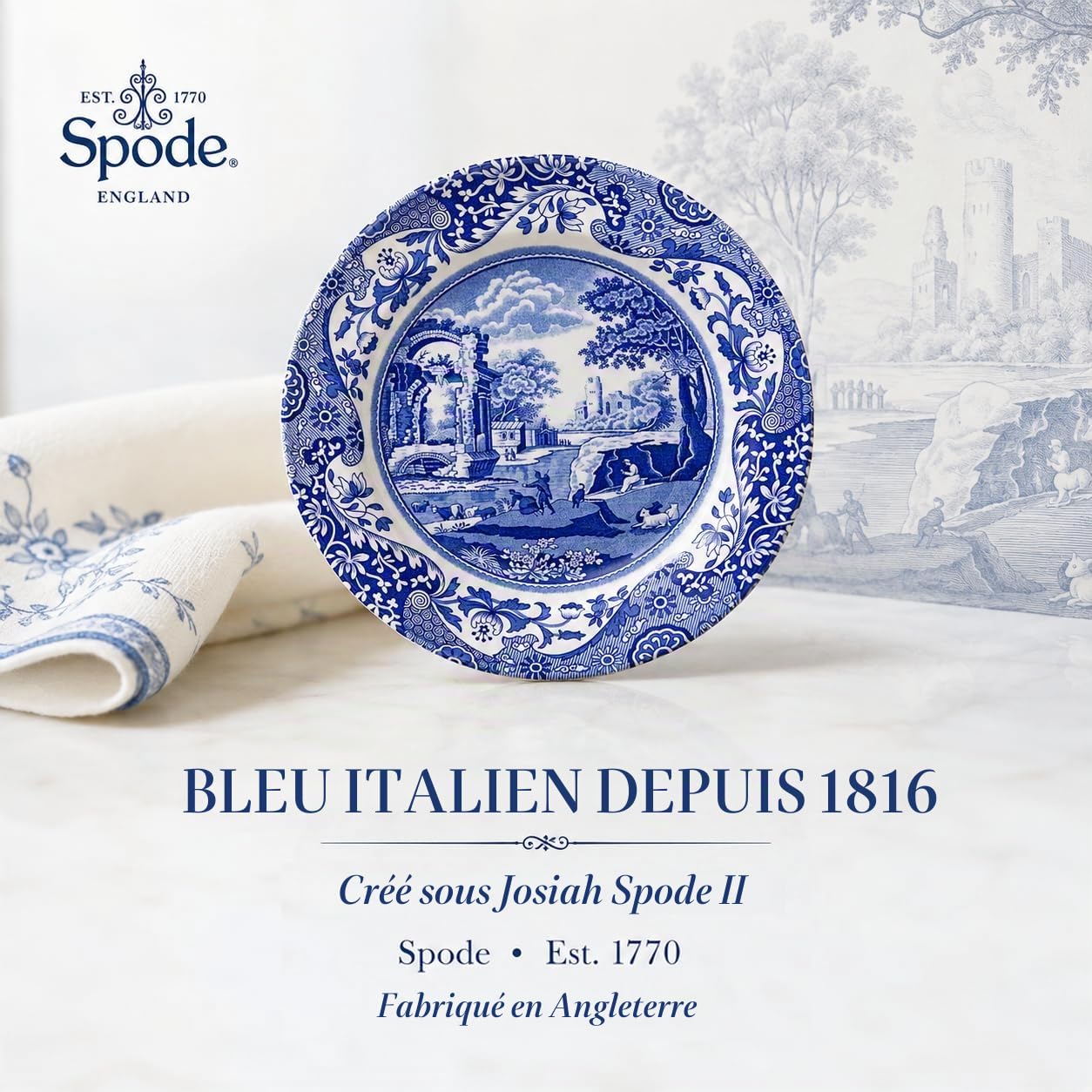 Spode Lot de 4 assiettes à salade italiennes bleues, 19 cm, faïence fine, fabriquées en Angleterre, passent au lave-vaisselle (bleu/blanc, 20,3 cm)