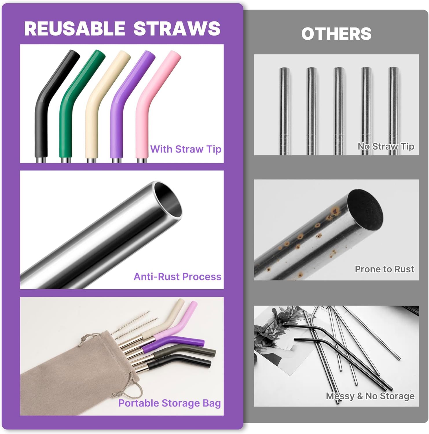 40 oz Metal Straw for Stanley Cup,Simple Modern, Meoky Tumbler, 5 Pcs Reusable Stainless Steel Straws with Silicone Tip, Replacement Straws for 40oz Tumblers, Cleaning Brush, 1 Portable Bag - Image 5