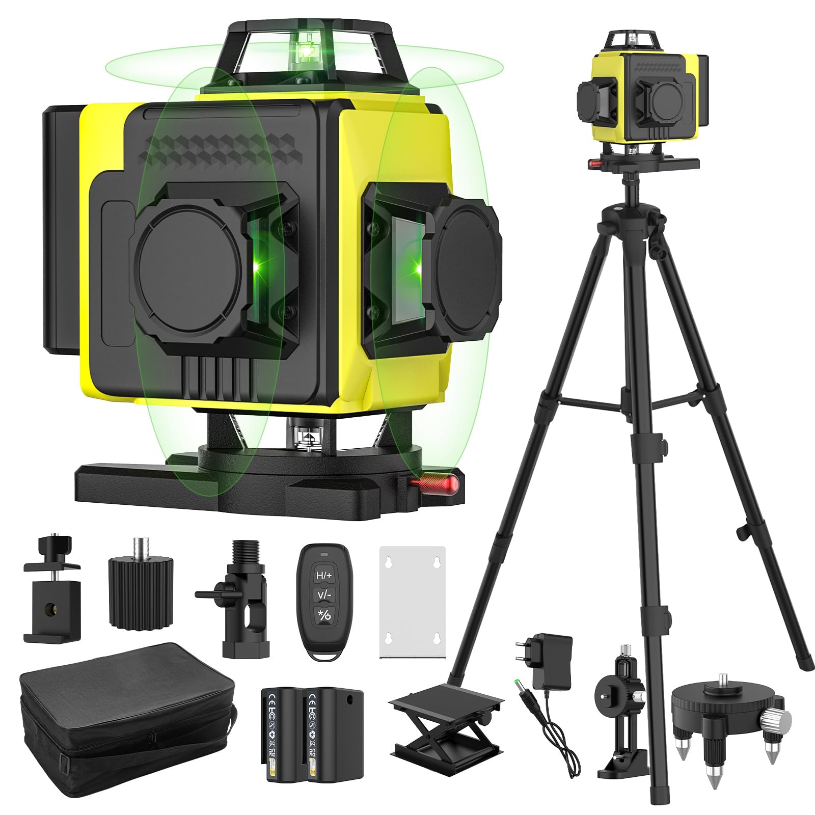 Nivel láser autonivelante 360° X 4, láser de construcción 4D con 16 líneas láser, modo de pulso para exteriores, 2 baterías, autonivelación, soporte rotativo, control remoto.（Con Tripode）