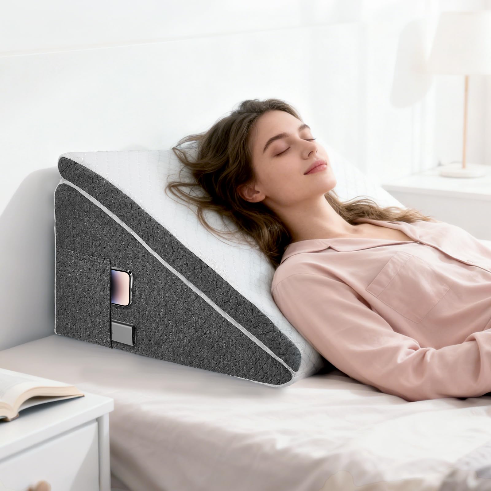 Cuscino a cuneo per letto e divano, L50 x 50 x 26 doppio cuscino da lettura con rivestimento lavabile, memory foam, in caso di russare e per un maggiore comfort sul collo e sulla schiena