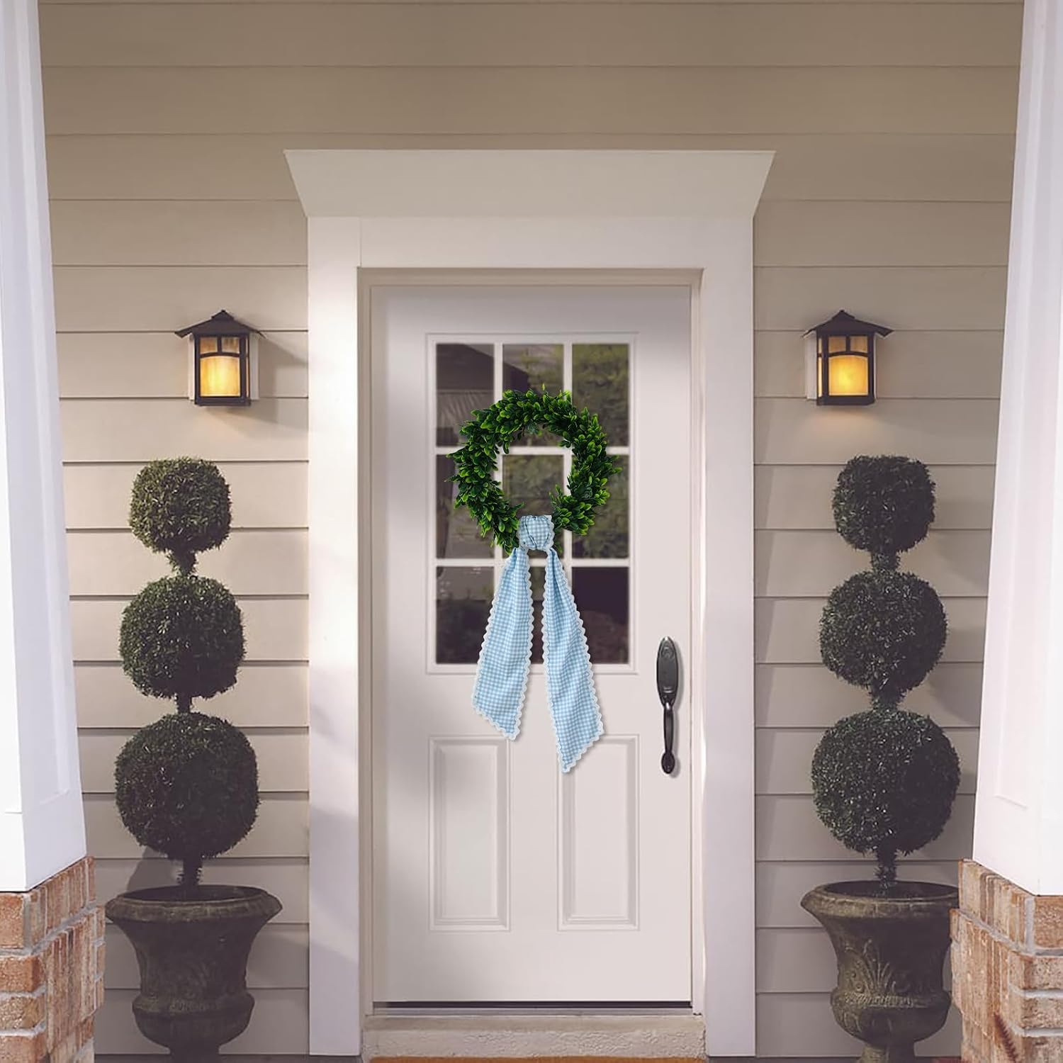 DYSHAYEN Wreath Sash for Front Door, Blue Plaid with White Trim image 5