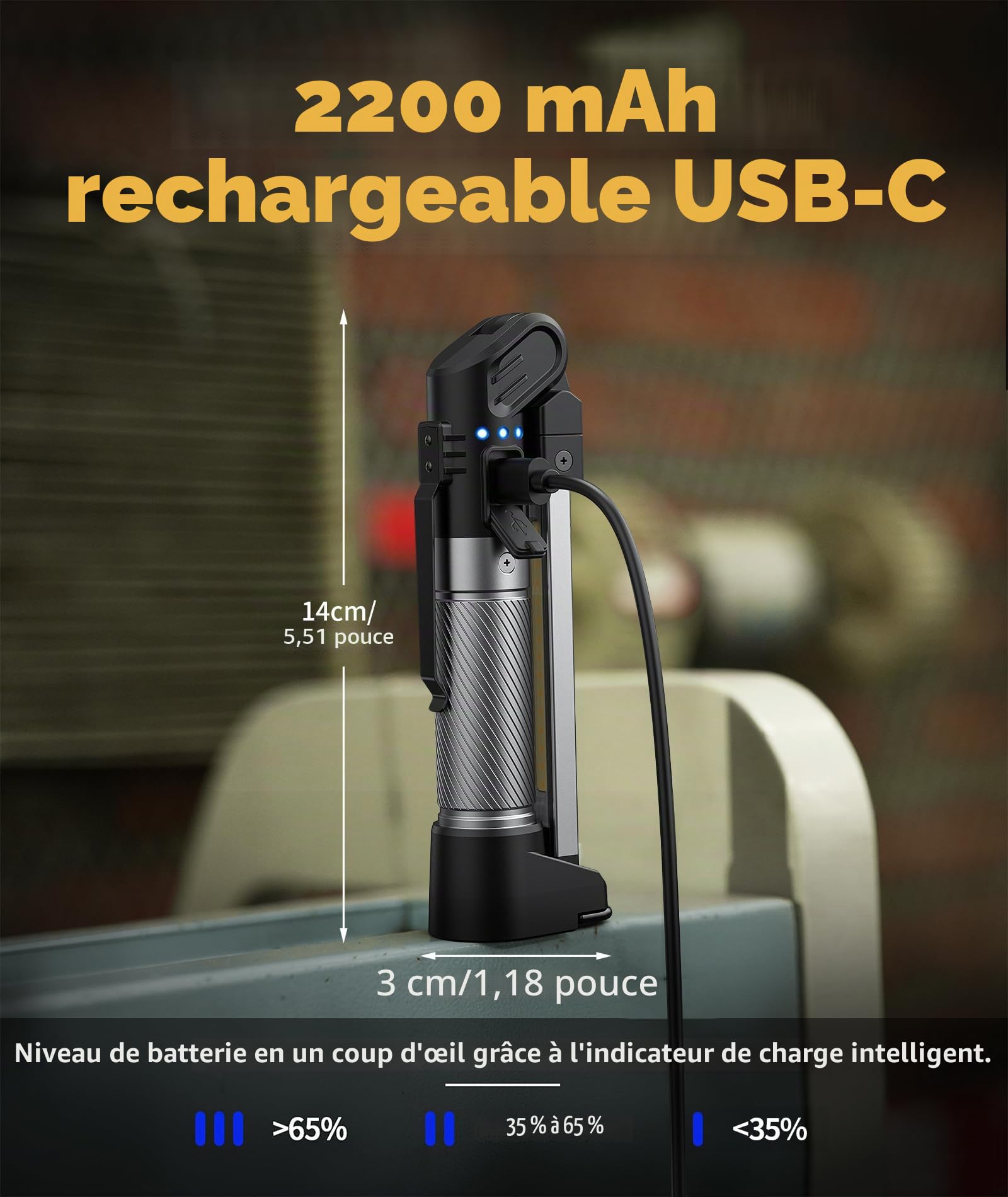 HOTLIGH Baladeuse LED Mecanicien - 800 Lumens Lampe Mecanicien avec Conception Pliable Multifonctionnelle, 2200 mAh Baladeuse LED Rechargeable, 3 Modes D'éclairage Lampe de Travail, 1 Paquet
