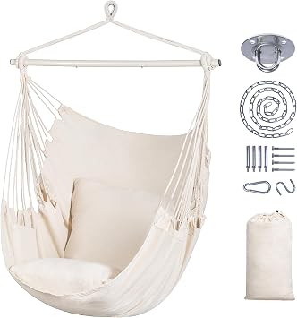 SUNCREAT Hammock Chair Hanging Rope Swing Seat-Max 450lbs Capacity, Extra Large Hanging Swing with Metal Support Bar, Side Pocket, Beige