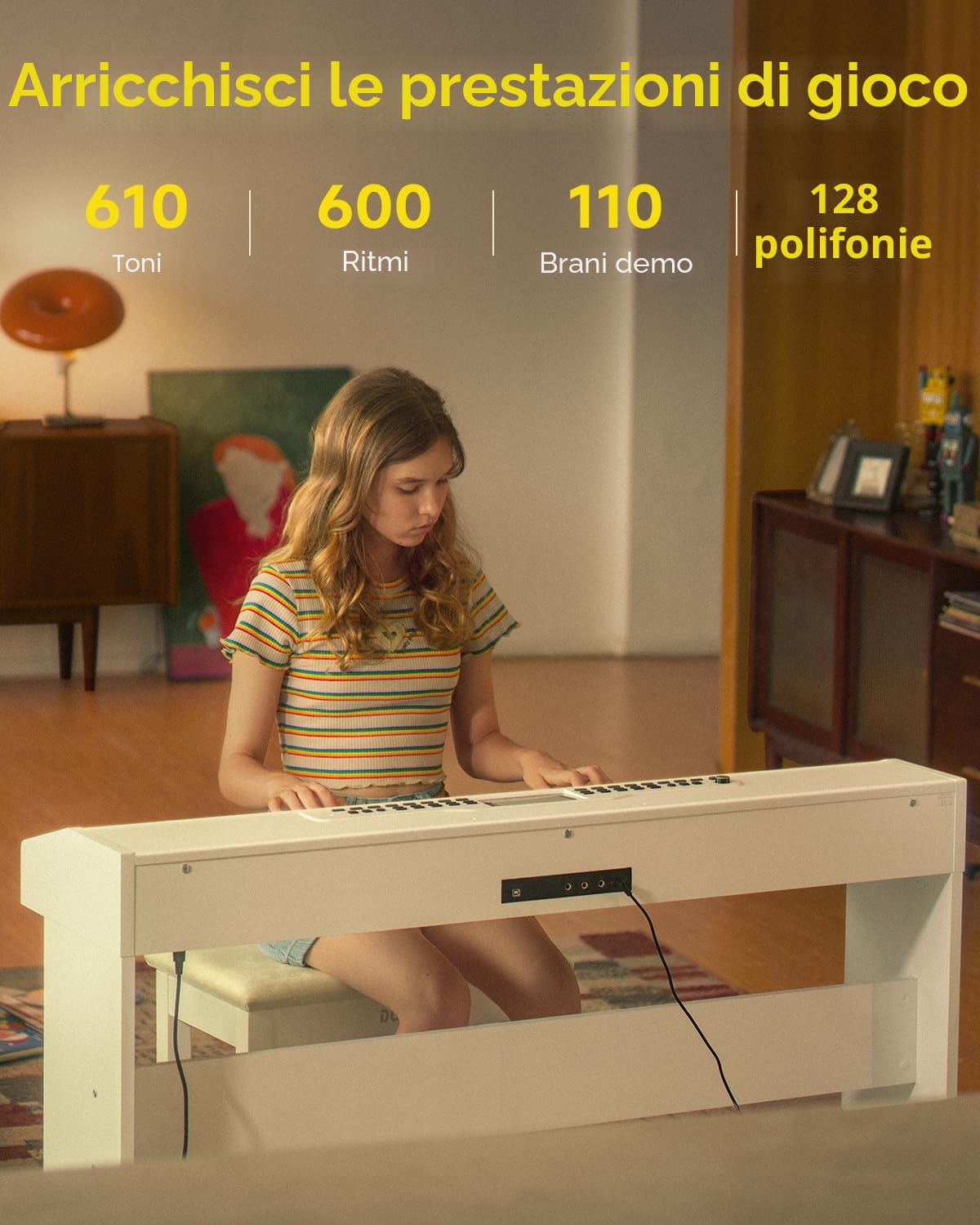 Donner DDP-95 Pianoforte Digitale 88 Tasti Pesati per Principianti, Connessione Wireless, Registrazione, 11 * 5 cm LCD, 600 Toni/Ritmi, 3 Modalità di Insegnamento del Pianoforte, Bianco